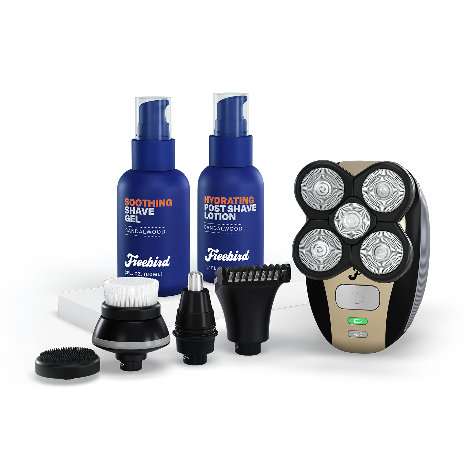 Freebird Complete Shave Set: includes FlexSeries shaver, attachments, shave gel, and post-shave lotion for a smooth shave.