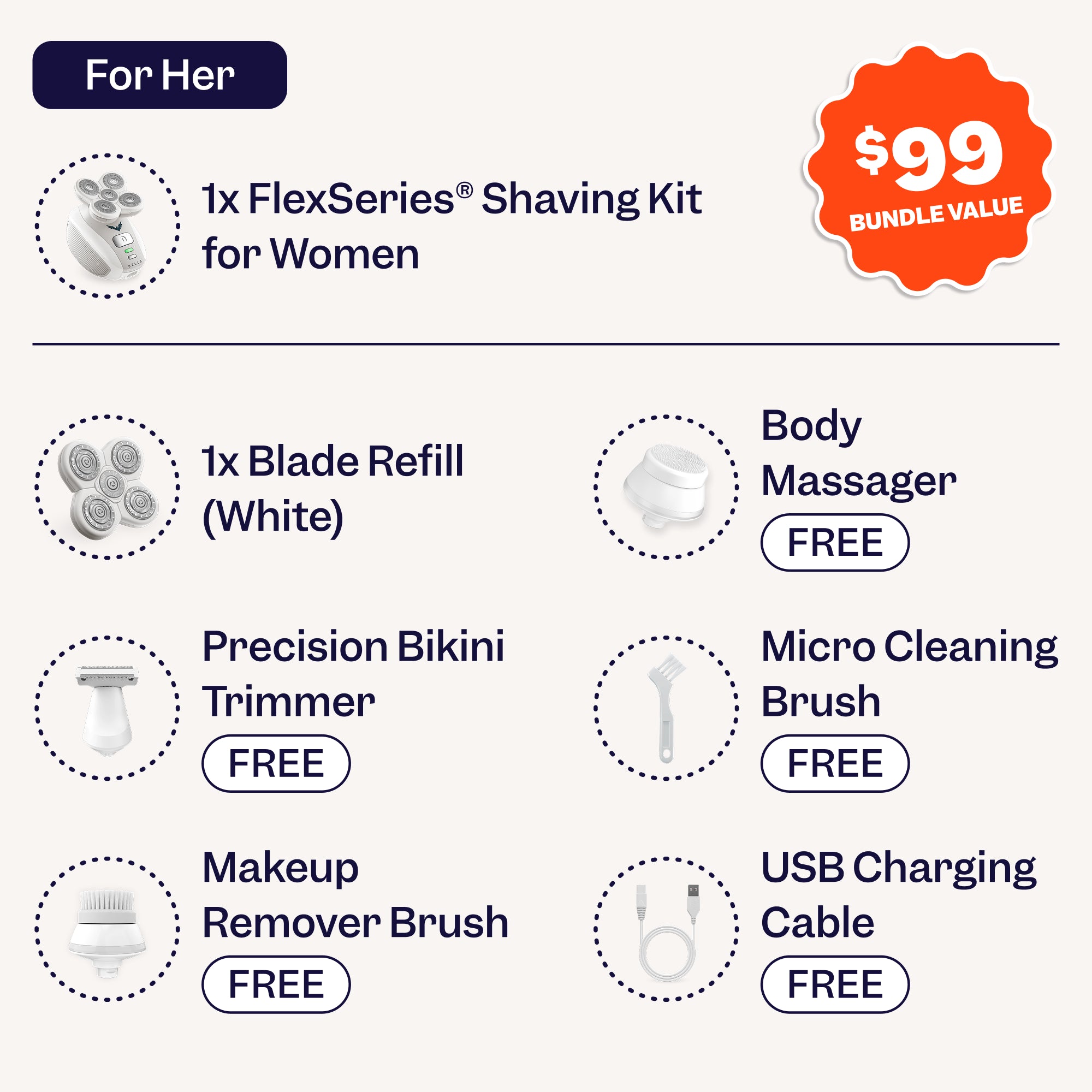 Freebird® His & Hers Bundle: FlexSeries kit with ScalpSafe, blade refill, trimmer, massager, brushes, USB cable. $99 value.