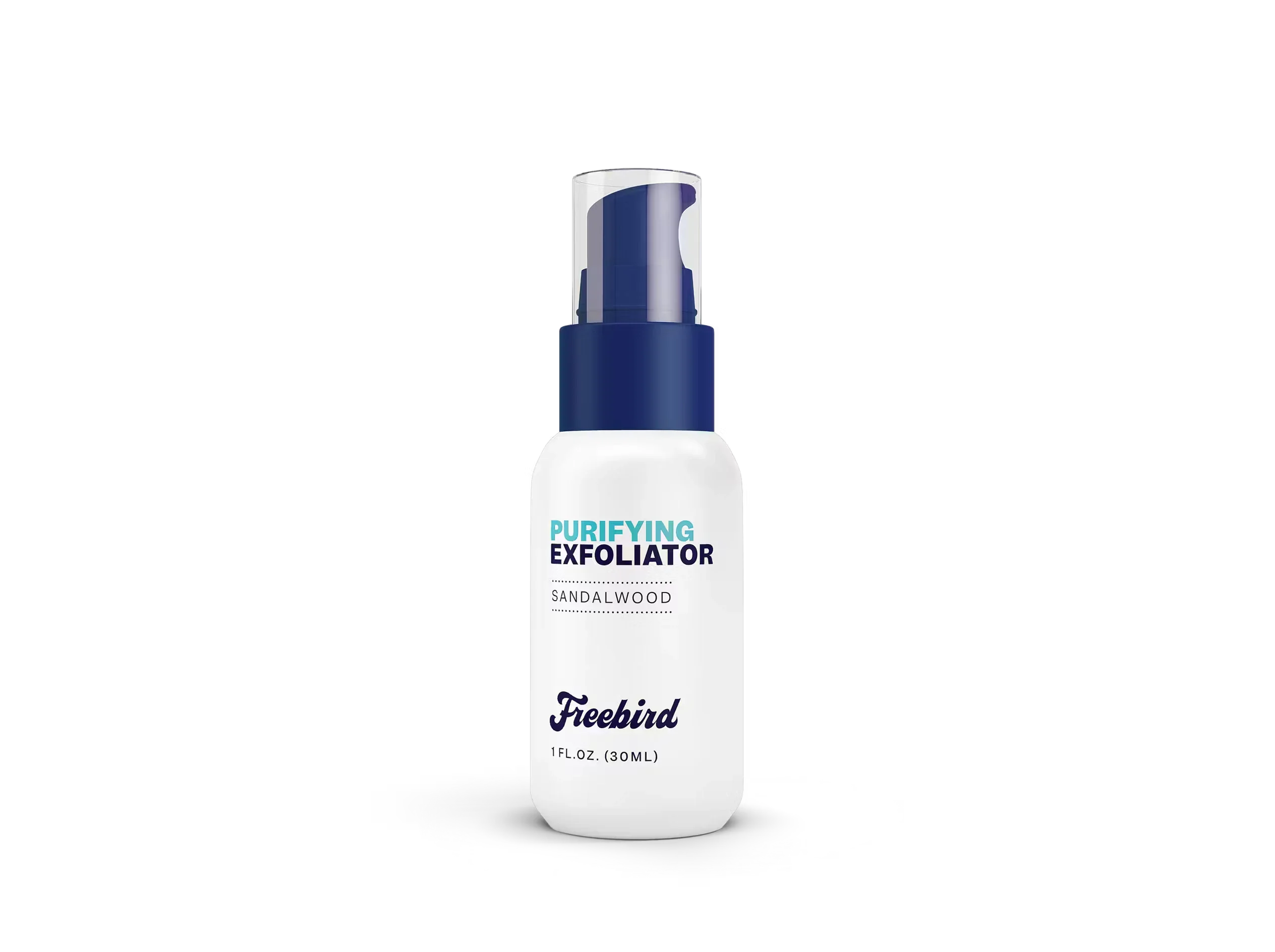 Bottle of Freebird Purifying Exfoliator with sandalwood, blue pump, and white label, 1 fl oz size.