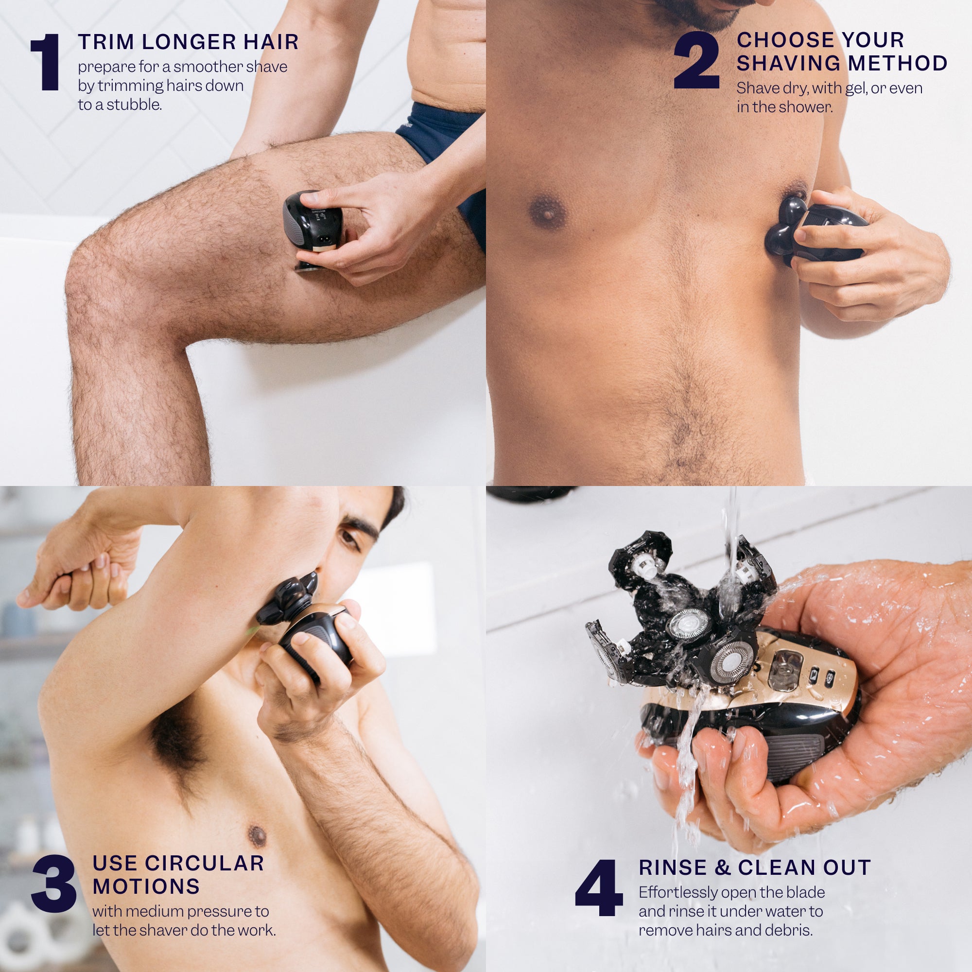 Freebird® His & Hers Bundle: Trim, pick a smooth shaving method, shave in circles, then rinse and clean your Freebird razor.
