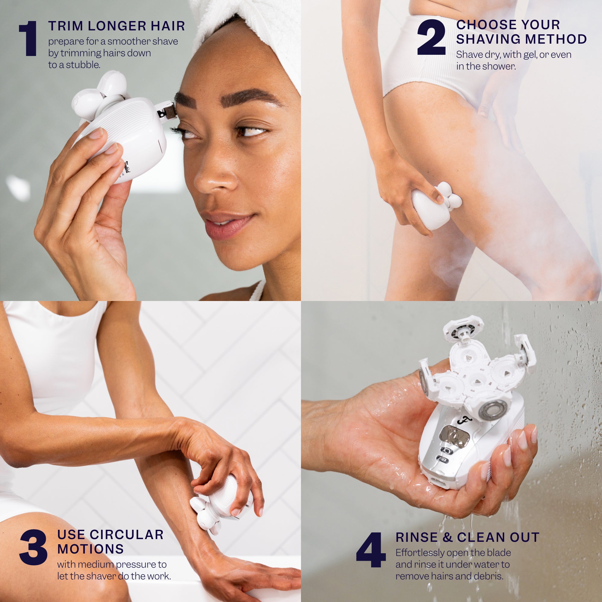 Four-step guide: woman uses Freebird® His & Hers Bundle for a smooth face and leg shave, then rinses the device.