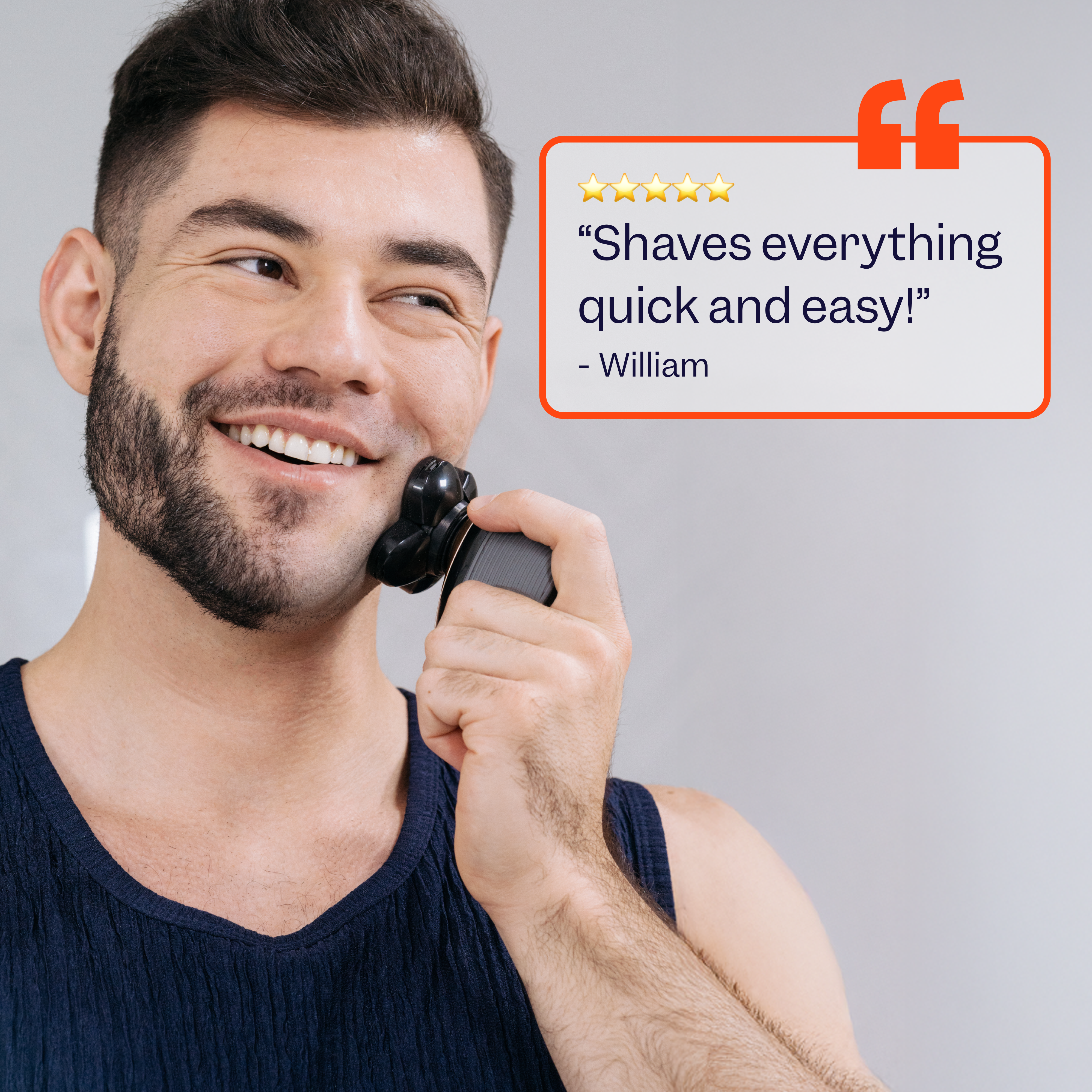 Man shaving with Freebird® His & Hers Bundle, smiling beside a positive review in a speech bubble.