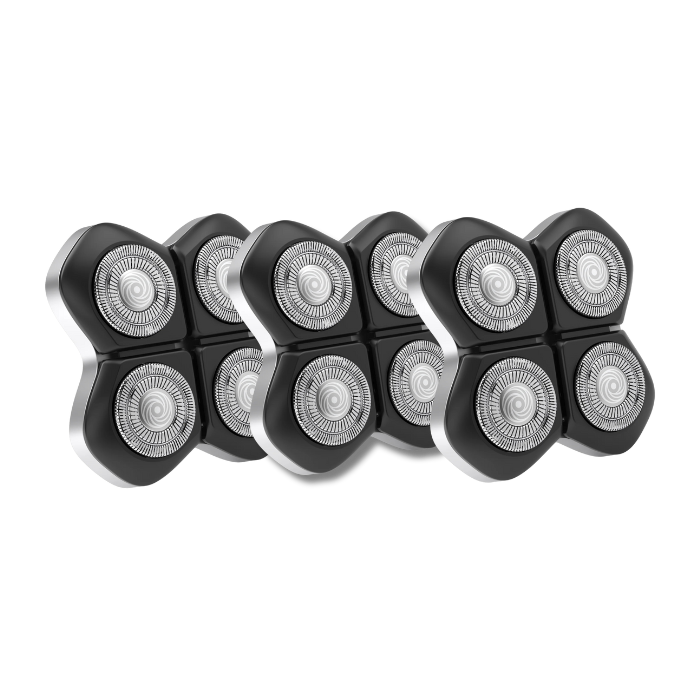 Four Freebird FlexSeries® Pro Blade Refills, featuring a Four-Blade System and circular blades, are arranged in a row on a white background for a smooth, irritation-free shave.