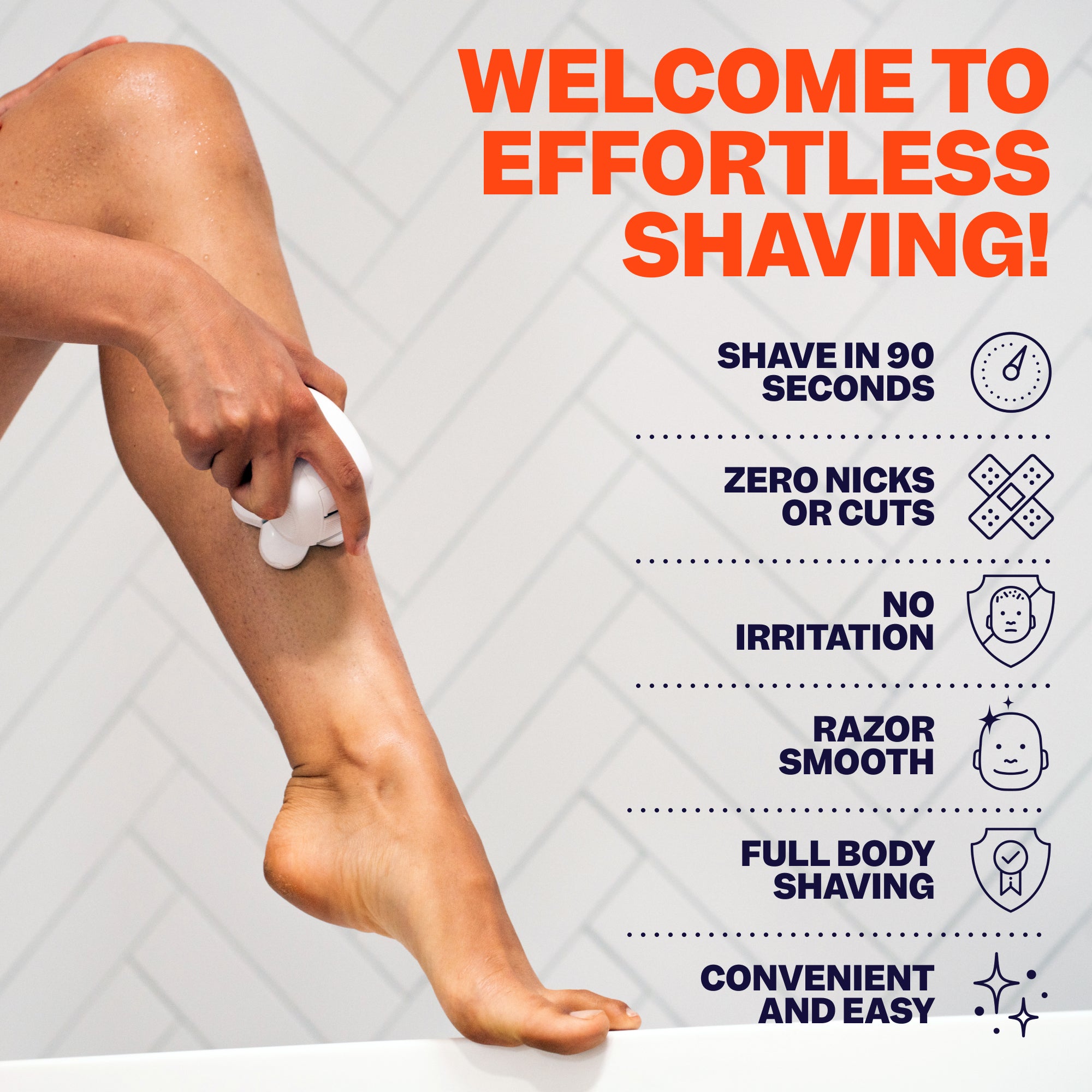 A woman shaves her leg with the Freebird FlexSeries® Shaving Kit for Women, highlighting effortless shaving on a tiled background.