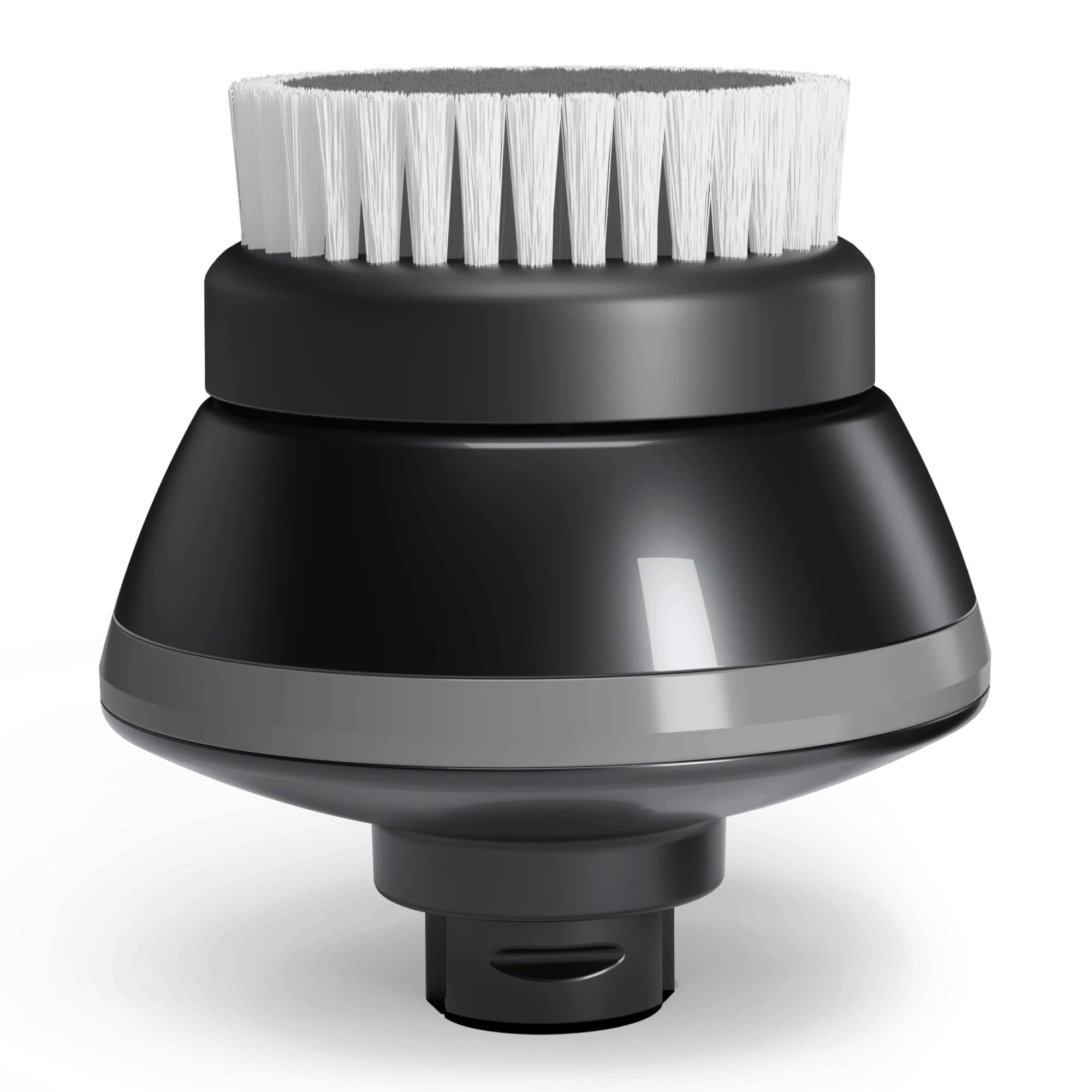 A black and gray cleaning brush head with white bristles.