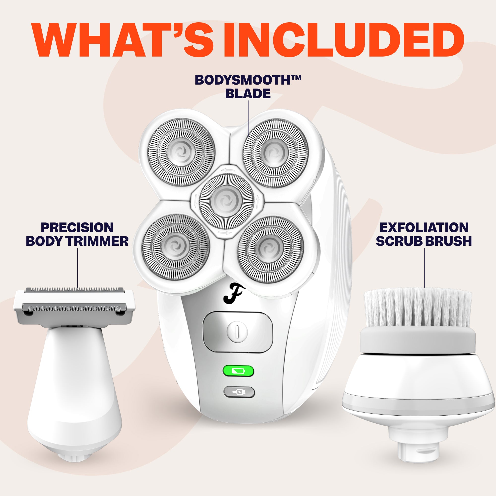 Freebird FlexSeries® Shaving Kit for Women: white & silver electric shaver, body trimmer, and exfoliation brush included.