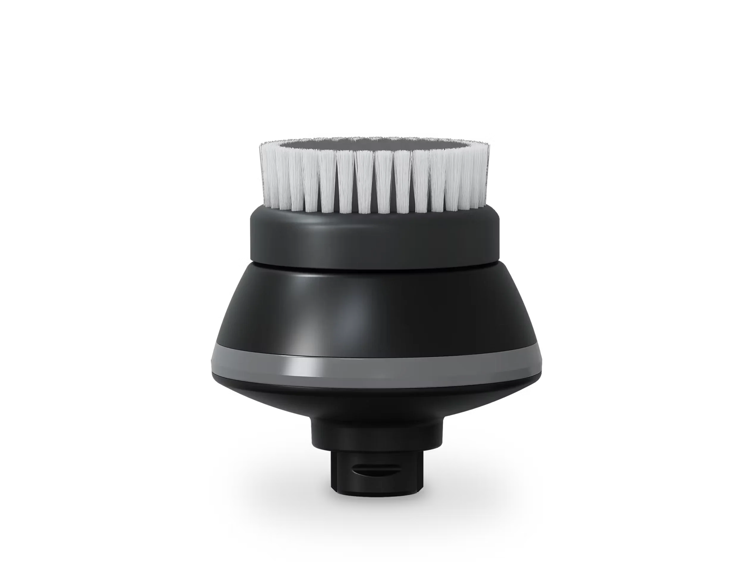 A black electric cleaning brush head with white bristles on a black background.