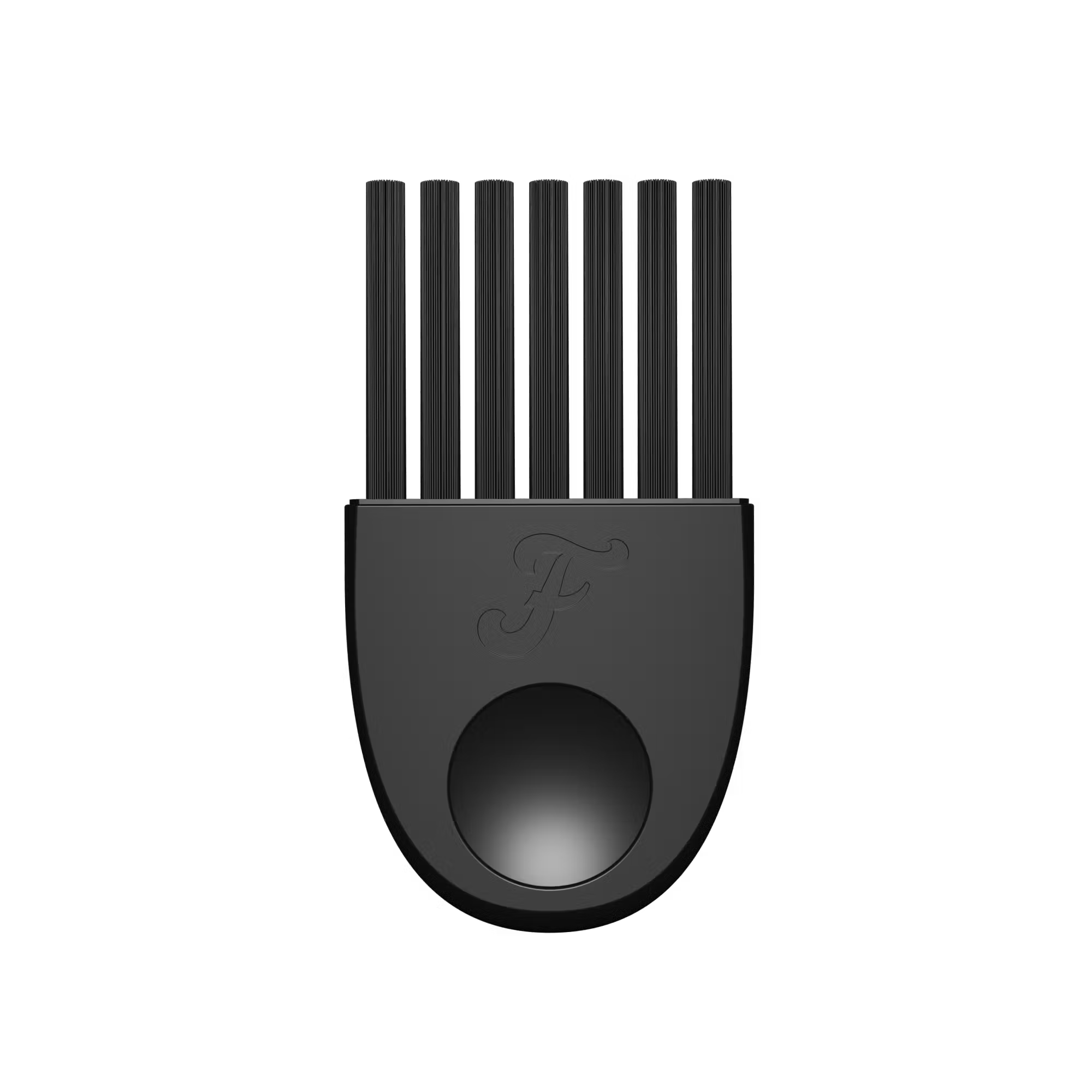 Black guitar pick with six fins and a logo on a dark background.