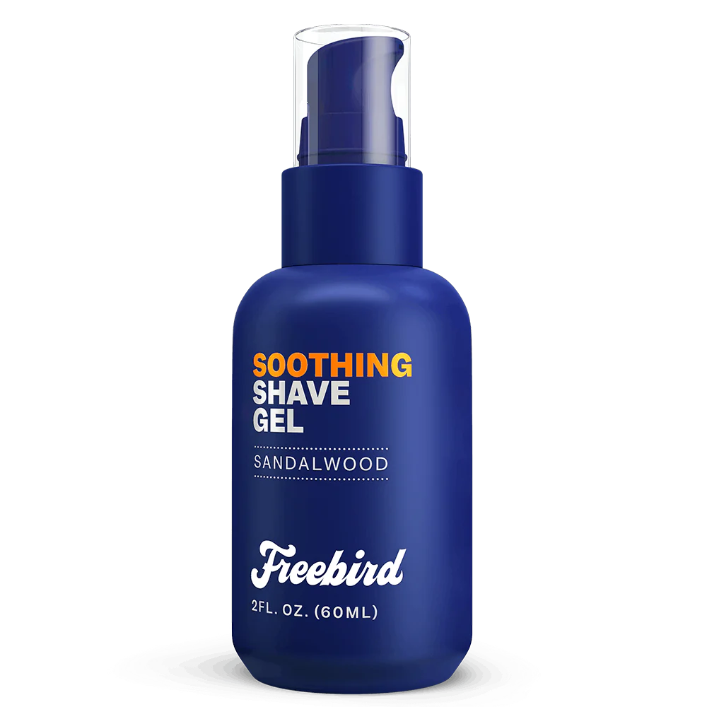 Blue bottle of Freebird Soothing Shave Gel with sandalwood, 2 fl. oz. capacity.