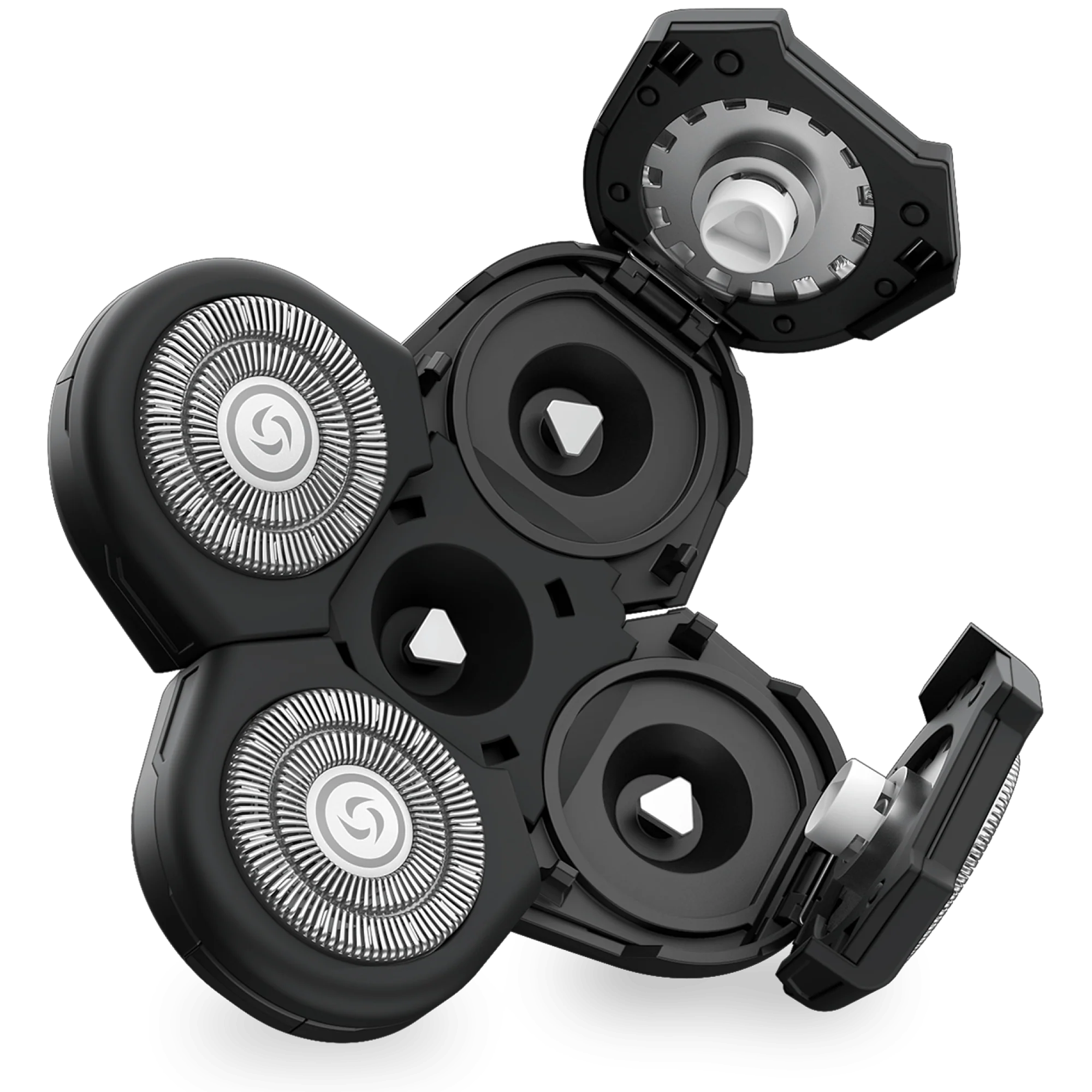 Close-up of an electric razor head with three circular blades open and exposed.