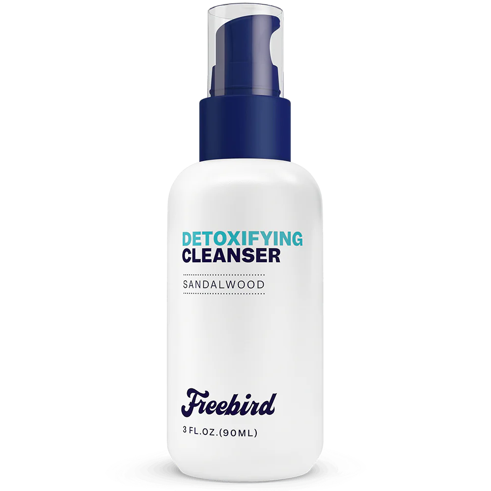 White bottle of Detoxifying Cleanser with sandalwood, by Freebird, 3 fl oz (90 ml).