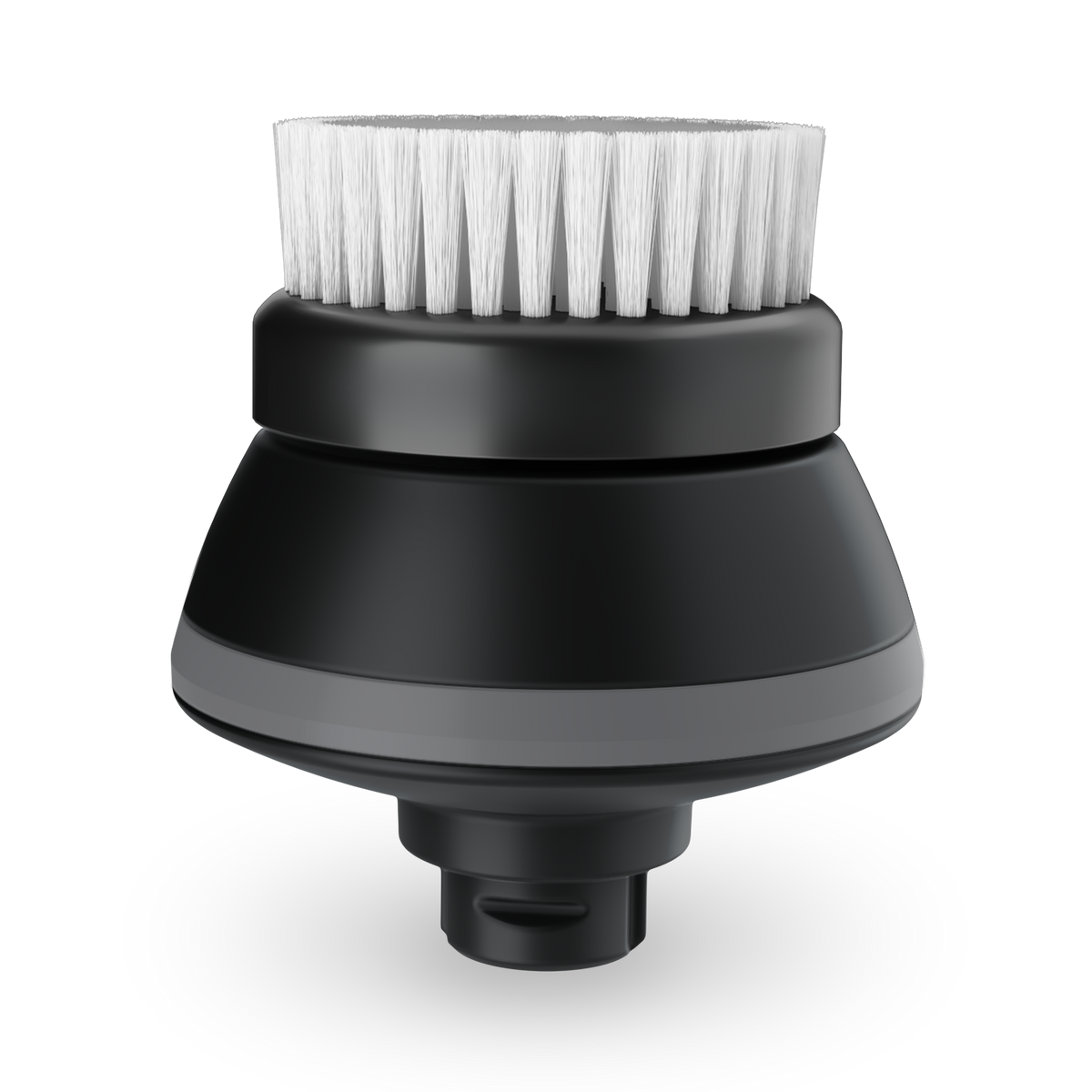 A close-up of the Exfoliation & Scalp Brush, featuring a black round electric head with white bristles, perfect for gentle scalp cleansing, isolated on a black background.