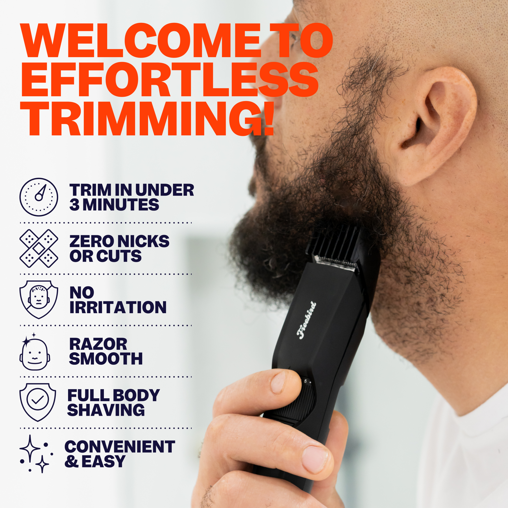 Man using Freebirds BeardSeries Trimmer & Shaver Kit for a quick, smooth, and convenient beard trim.