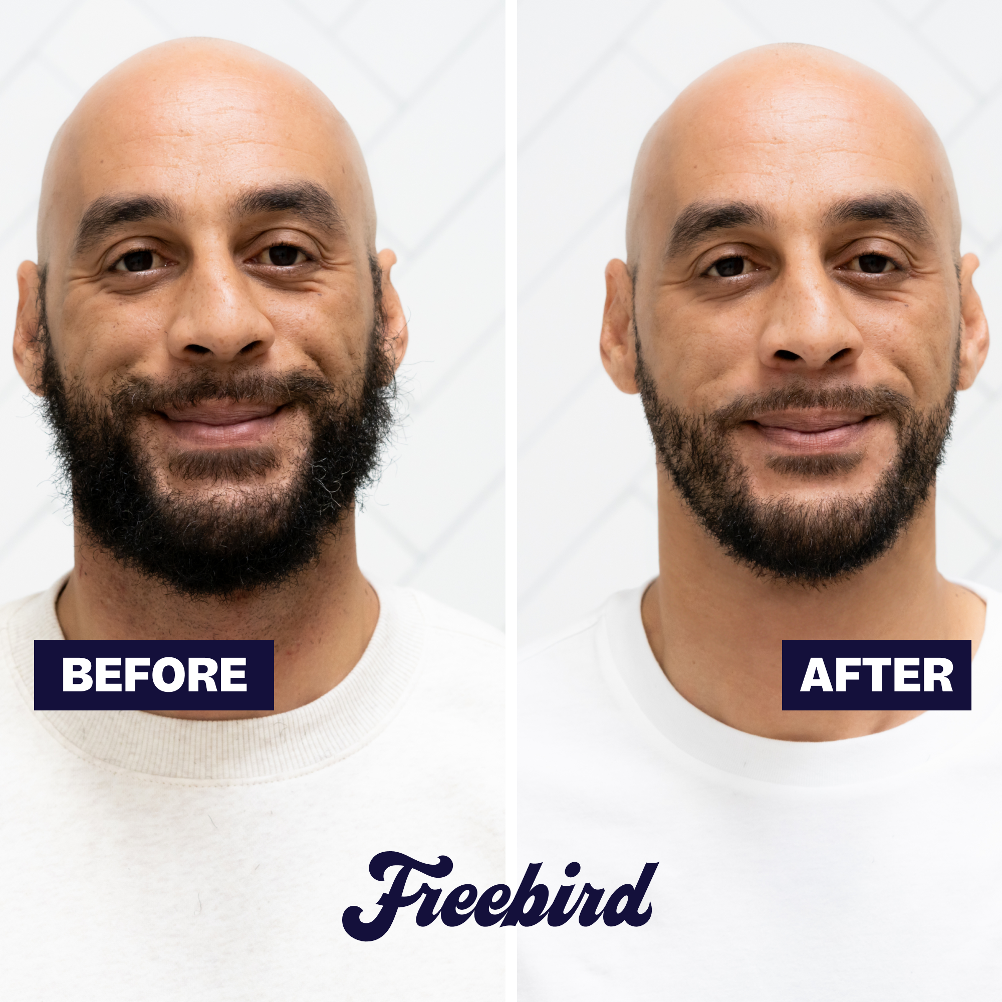 A man in a white shirt is shown before and after shaving, with Freebird branding.