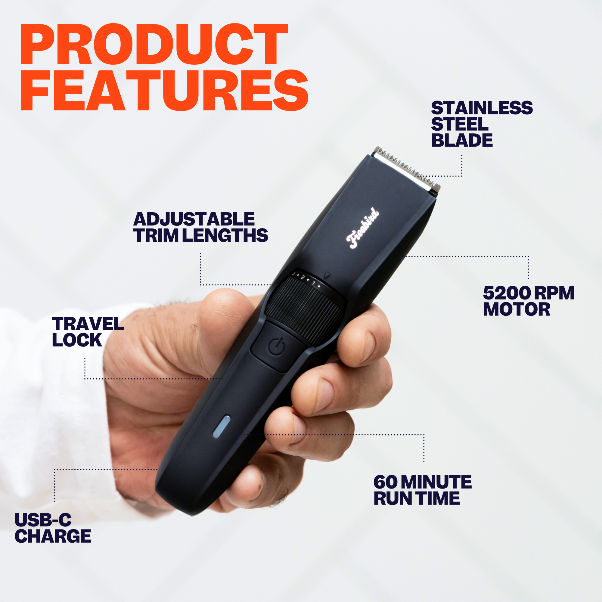Hand with Freebird BeardSeries Trimmer, featuring a stainless steel blade, adjustable lengths, and USB-C charging.