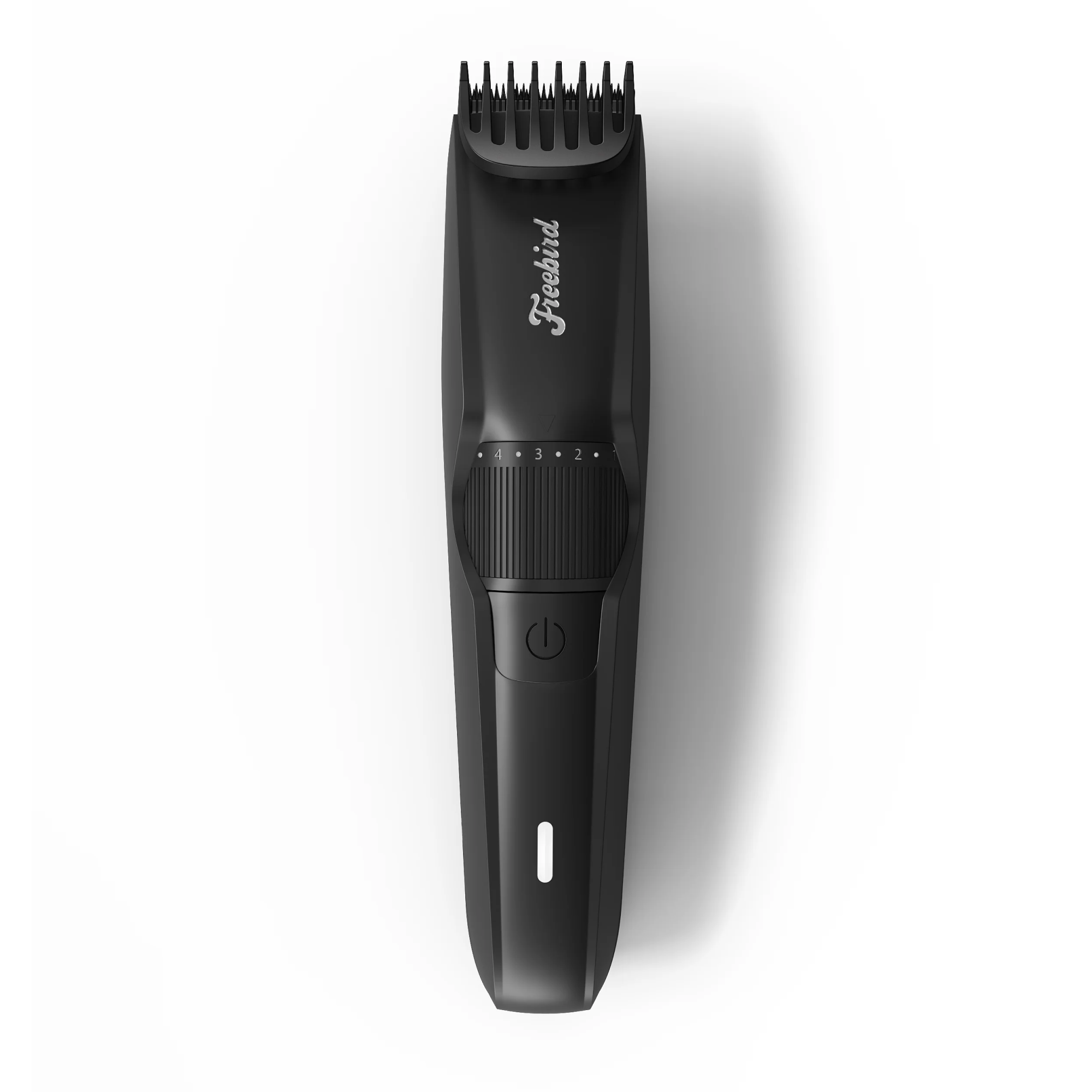 Freebirds BeardSeries kit: Black electric trimmer with adjustable blade dial and power button on a white background.
