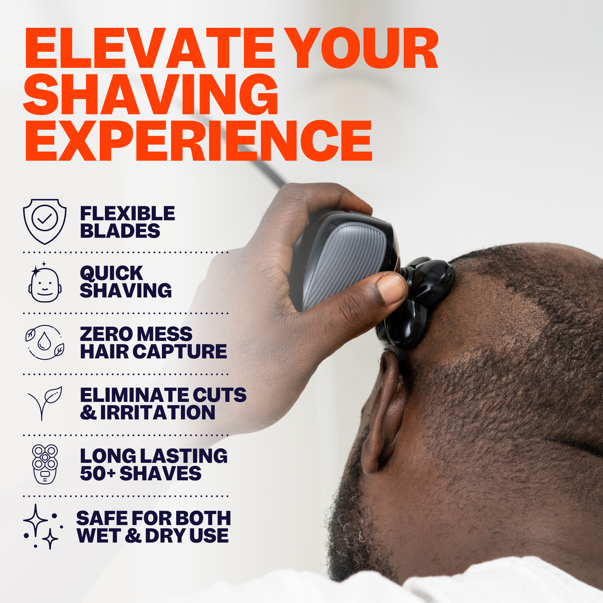A man uses the Freebird FlexSeries® Blade Refill, featuring ScalpSafe Technology for a close, irritation-free shave. Benefits on left.