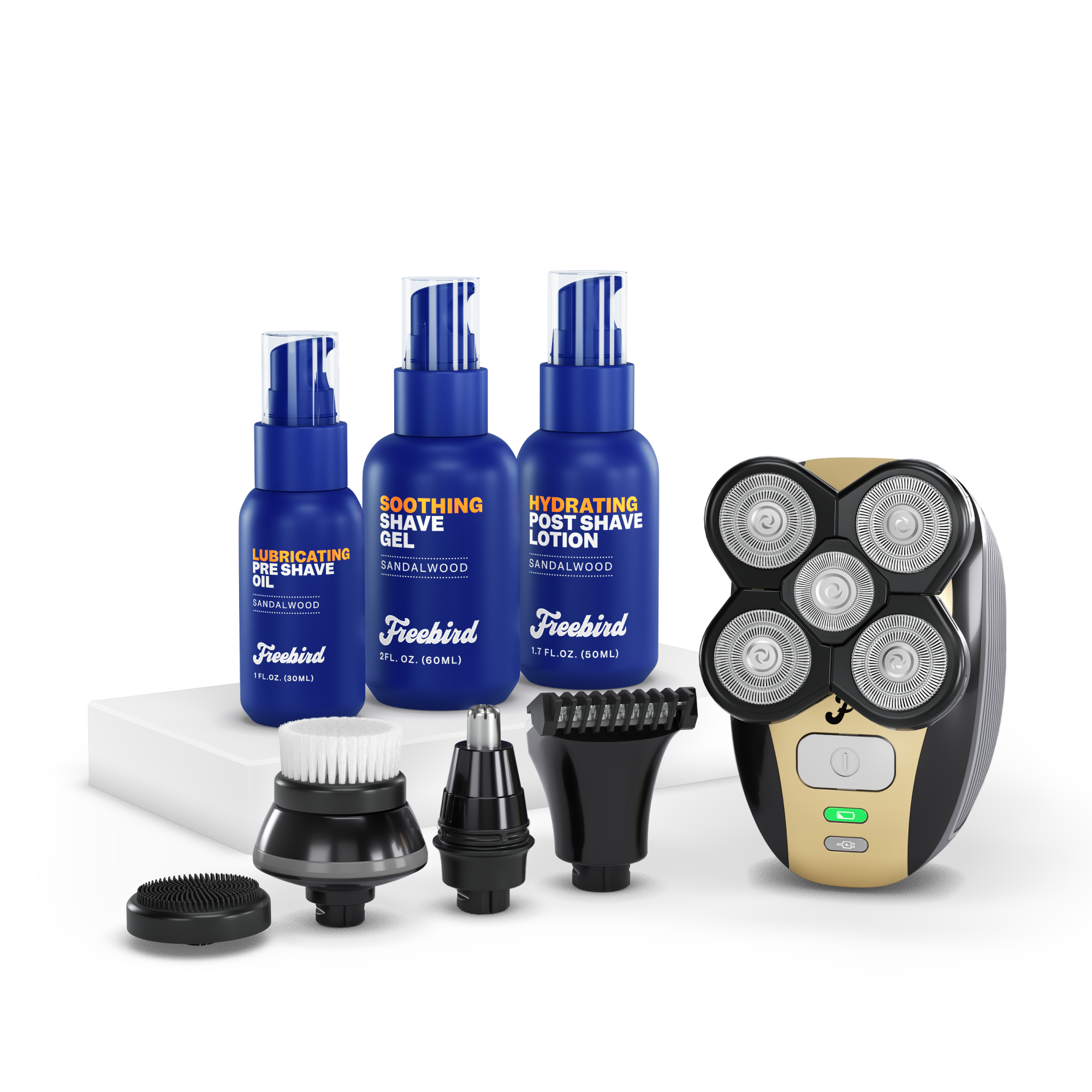 Achieve a flawlessly smooth shave with Freebird's Clean Cut Kit, which includes soothing lotions, interchangeable heads, and the advanced FlexSeries™ electric shaver. Ideal for those who prioritize precision and comfort against a pristine white backdrop.