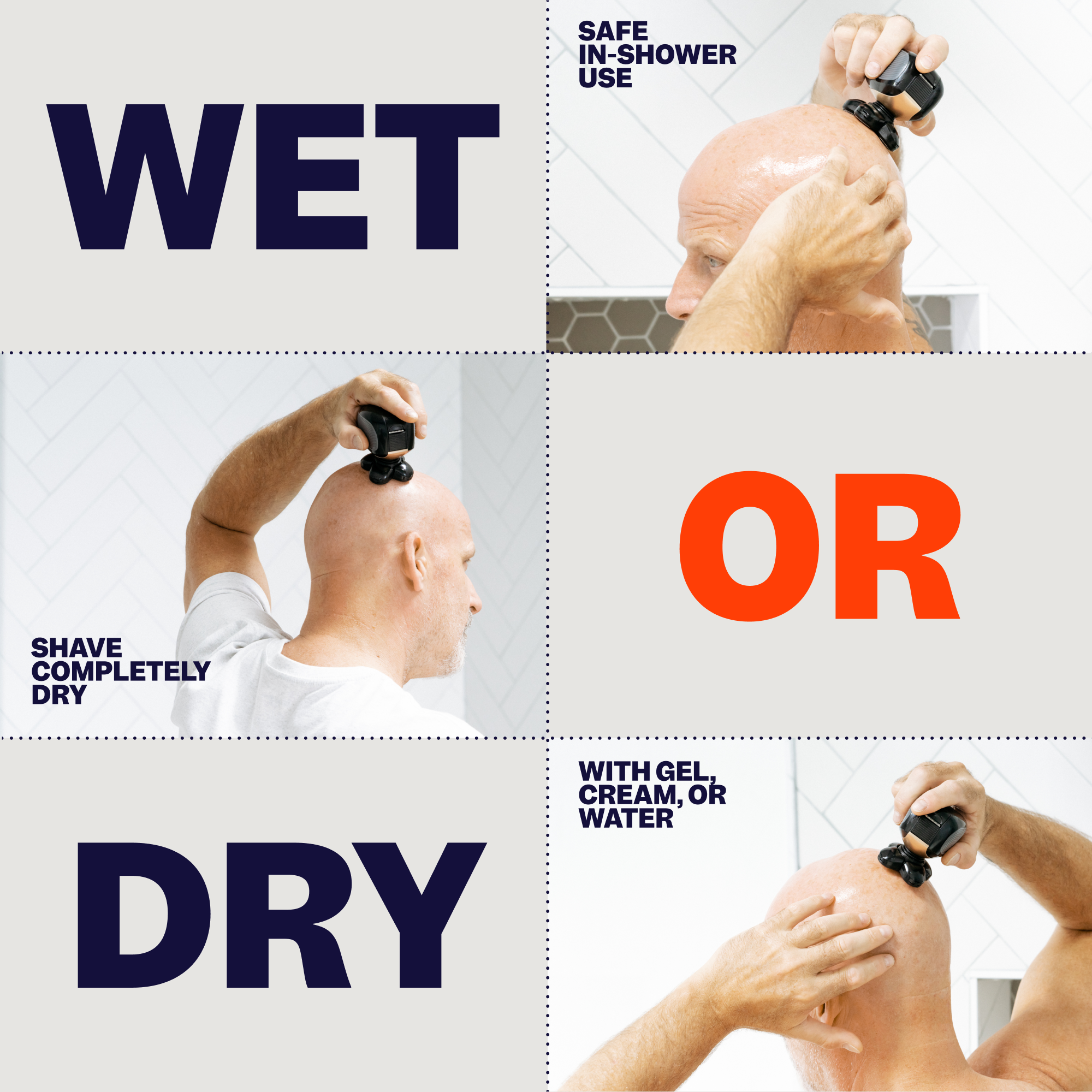 A man expertly uses the Freebird Clean Cut Kit for a smooth shave, showcasing both wet and dry options. Perfecting his look with ease, he emphasizes his routine with the ultimate Scalp Care trio.