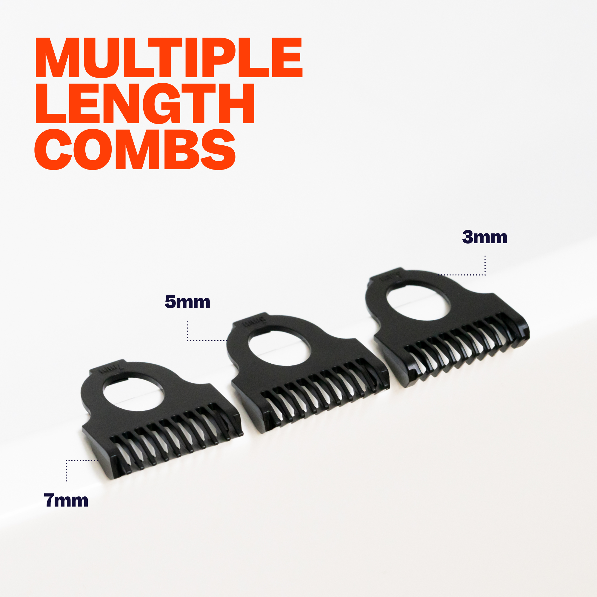 Three black comb attachments for the Precision Clipper & Guards, labeled 3mm, 5mm, and 7mm, are displayed on a white surface next to the text
