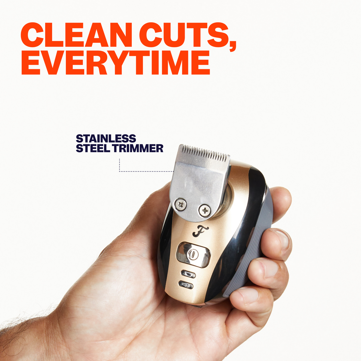 A hand holds the Precision Clipper & Guards, a gold and black stainless steel trimmer with safety clipper guards. Text reads CLEAN CUTS, EVERYTIME, guaranteeing precision for those perfect fades.