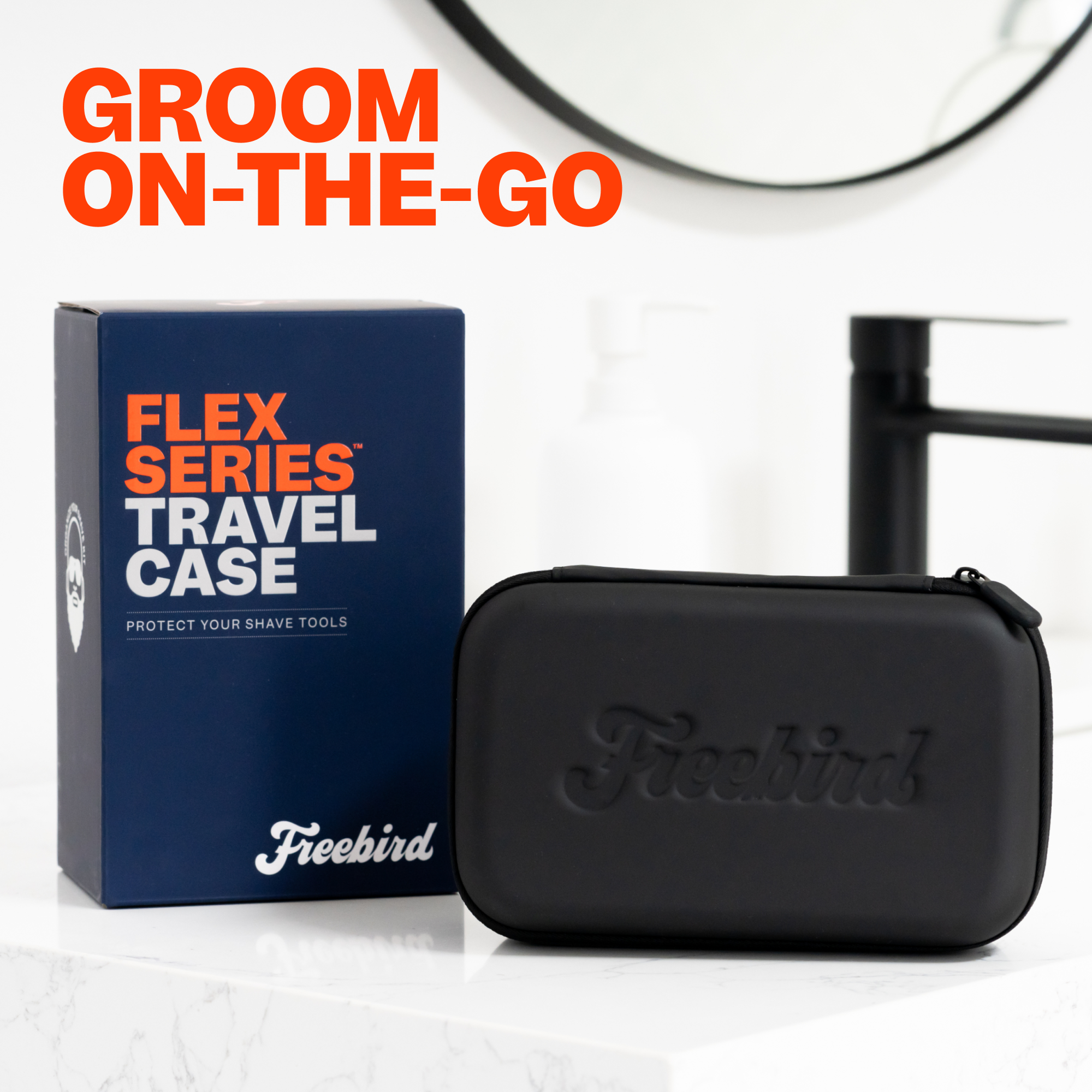A Freebird FlexSeries® Travel Case & Charging Dock with GROOM ON-THE-GO in bold orange text on a bathroom counter.