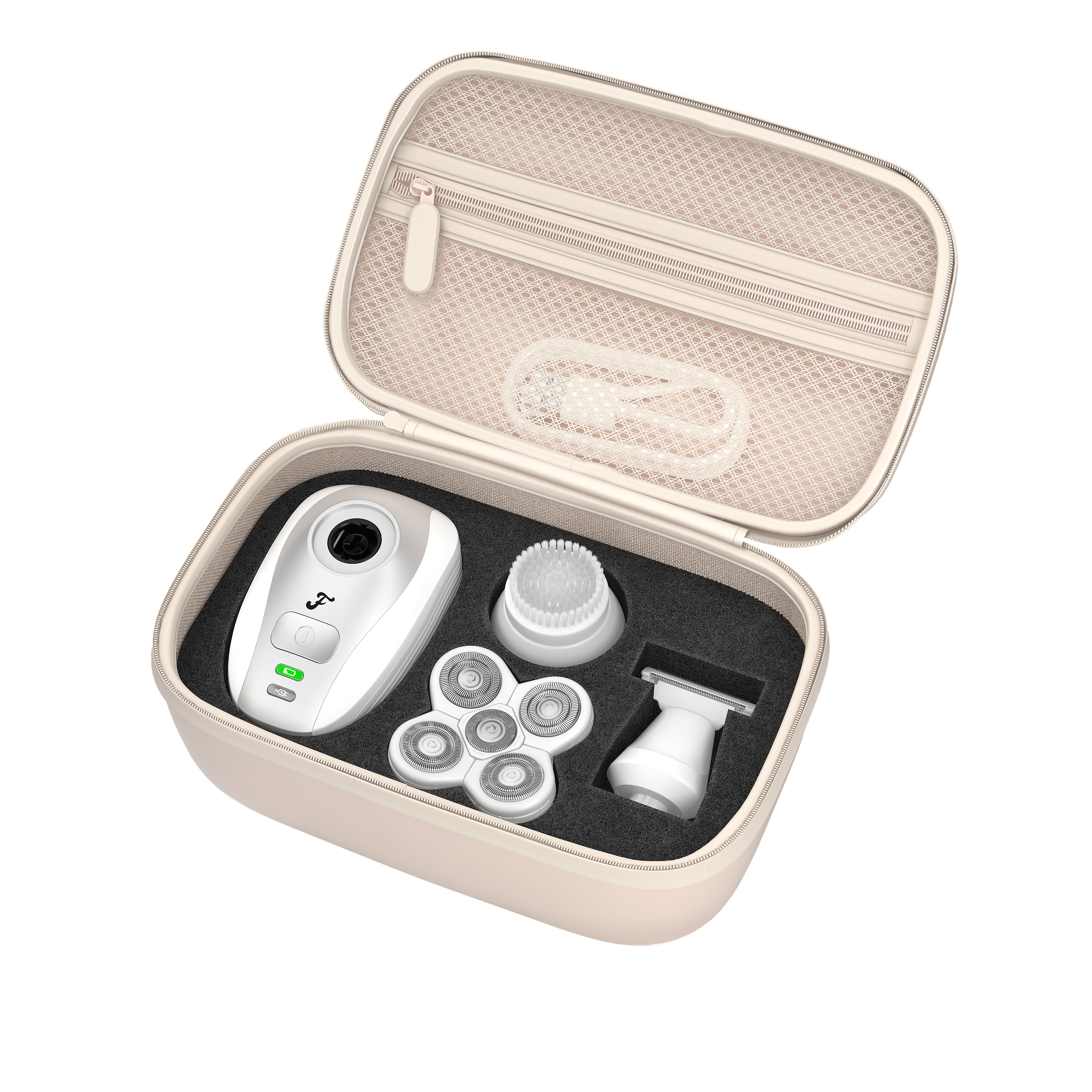 The Freebird FlexSeries® Travel Case For Women holds a facial brush set and shaver attachments for easy travel.