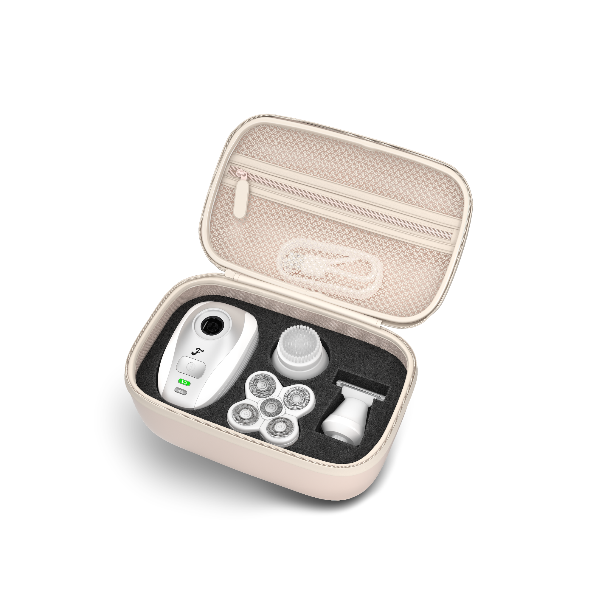 The Freebird FlexSeries® Travel Case For Women with shaver attachments is shown on a white background.