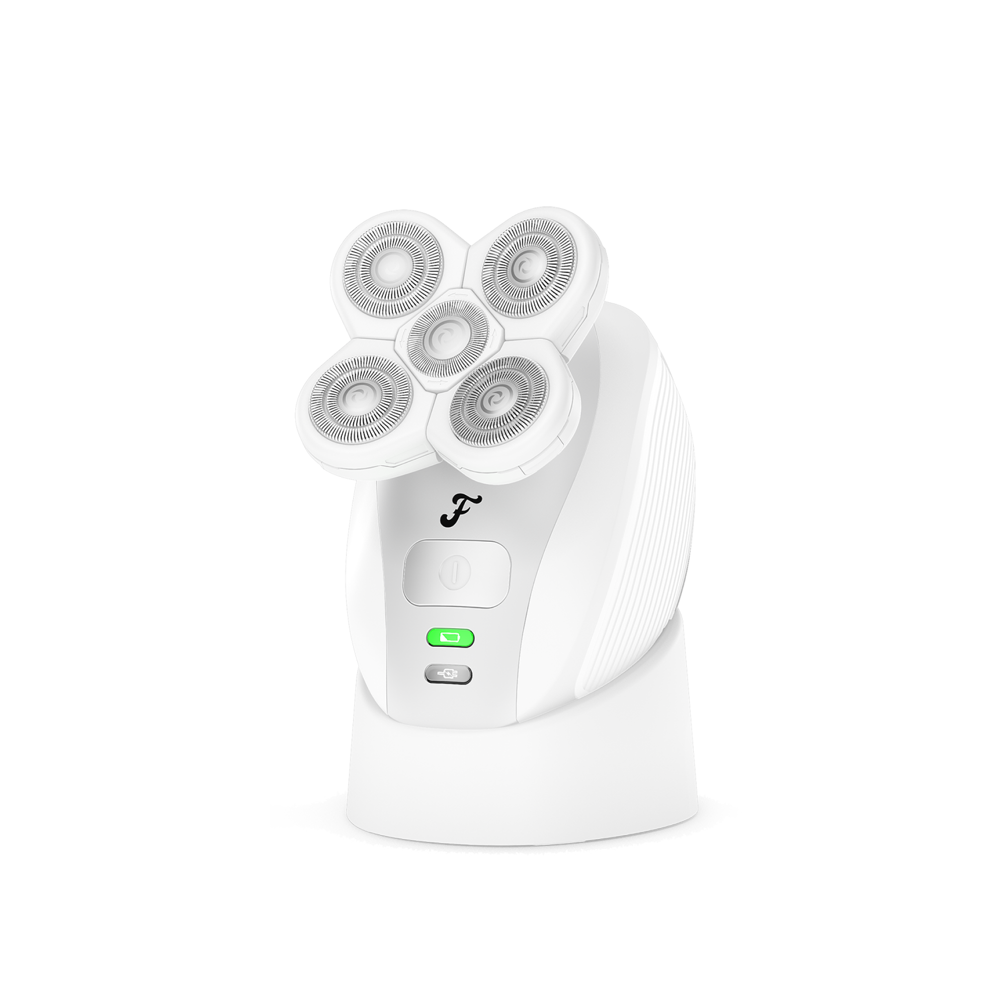 Freebird FlexSeries® Travel Case & Charging Dock For Women holds a white shaver with four rotary blades and a green power indicator.