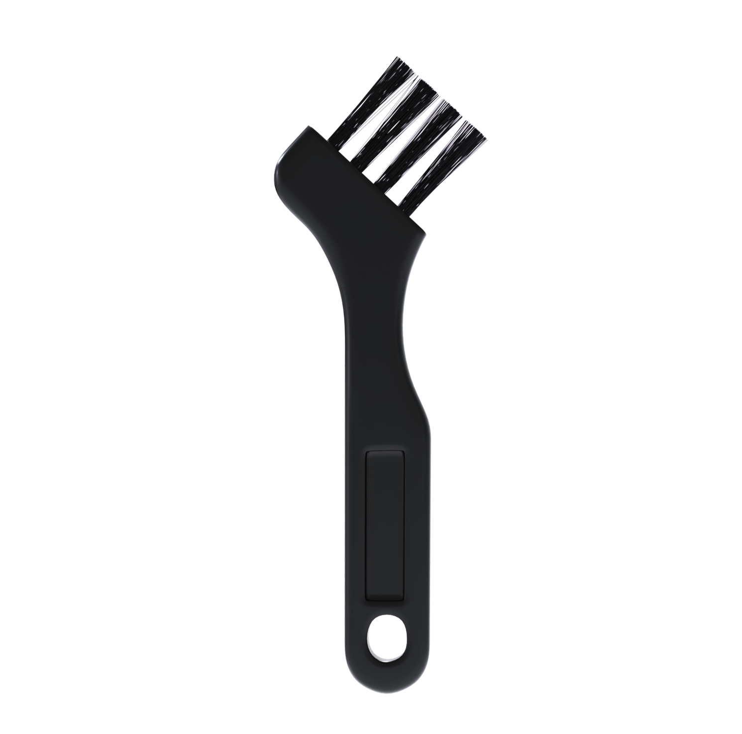 Close-up of the Micro Cleaning Brush, showcasing its black design with a curved handle and stiff bristles for optimal performance, set against a white background.