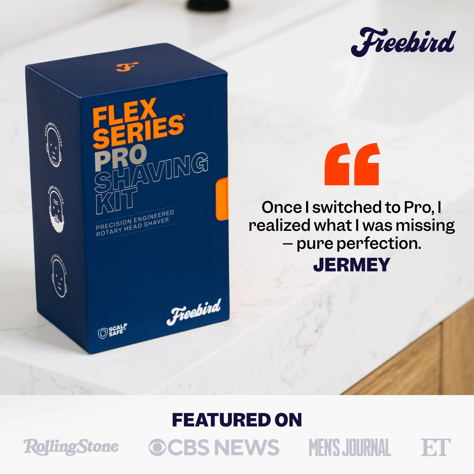 The Freebird FlexSeries® Pro Shaving Kit with a Smart Adaptive Motor rests on the bathroom counter, surrounded by a quote and media logos.