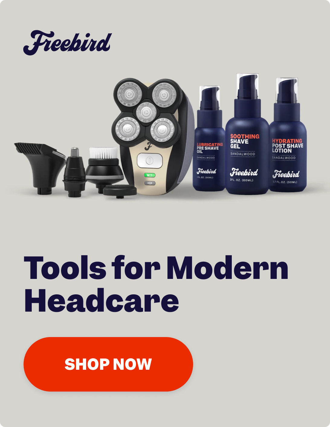 Electric head shaver, attachments, and shaving products beside Tools for Modern Headcare and Shop Now button.