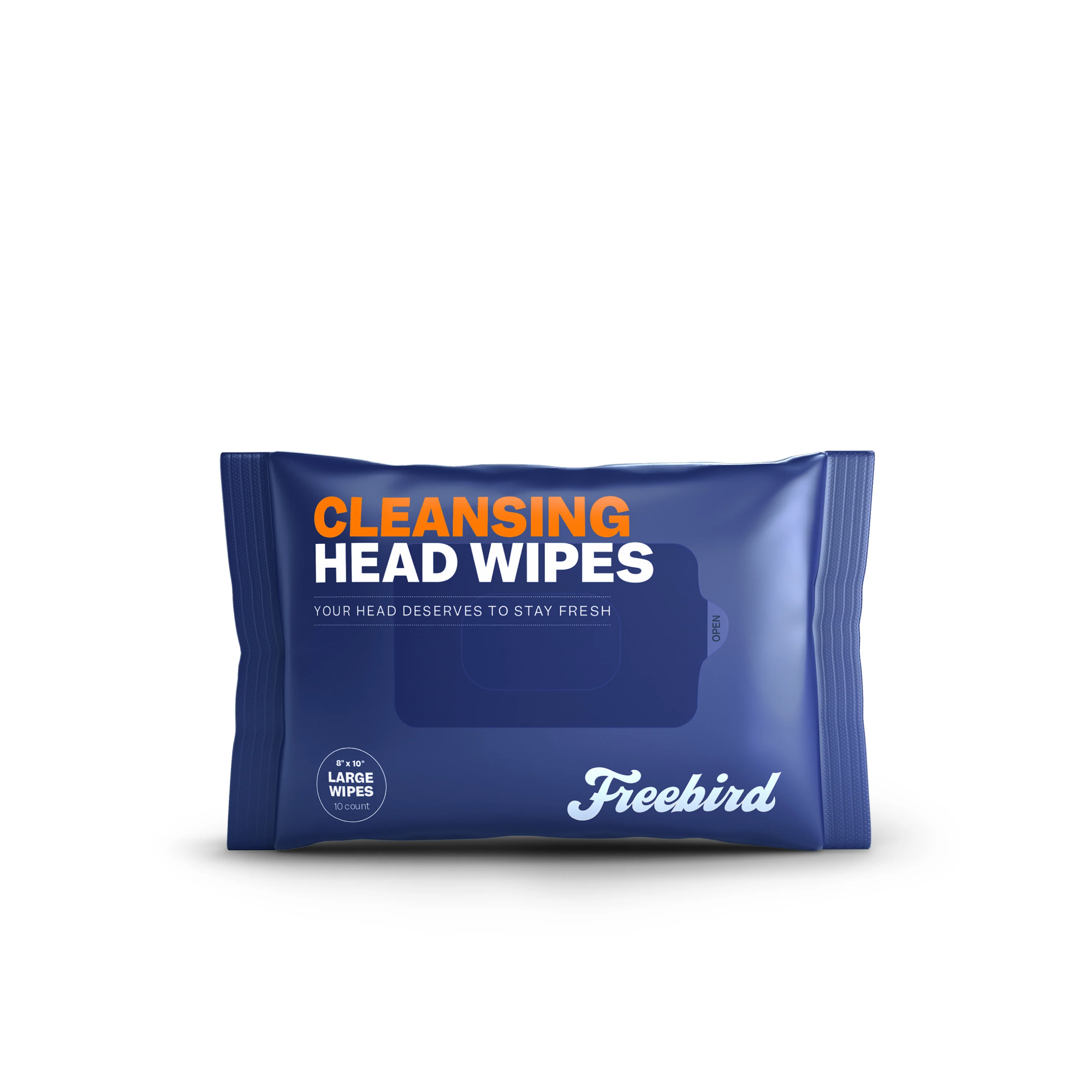 Blue package of Freebird Head & Body Wipes with orange and white lettering on the front. These wipes are pH-balanced and biodegradable, offering a sustainable choice for your daily routine.