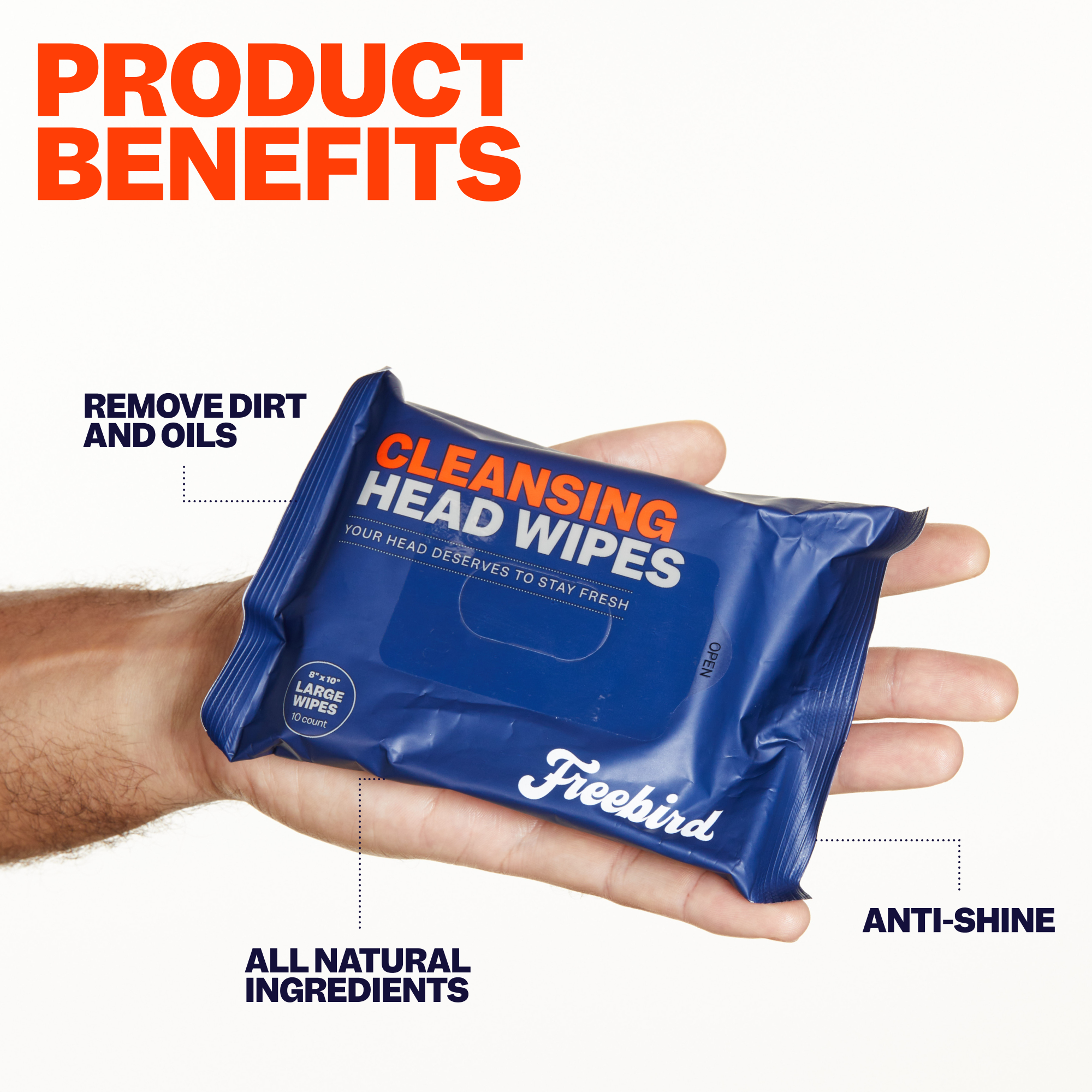 A hand holds a package of Freebird Head & Body Wipes, with text emphasizing the benefits: easily removes dirt, all-natural ingredients, anti-shine properties, and pH-balanced for gentle care.