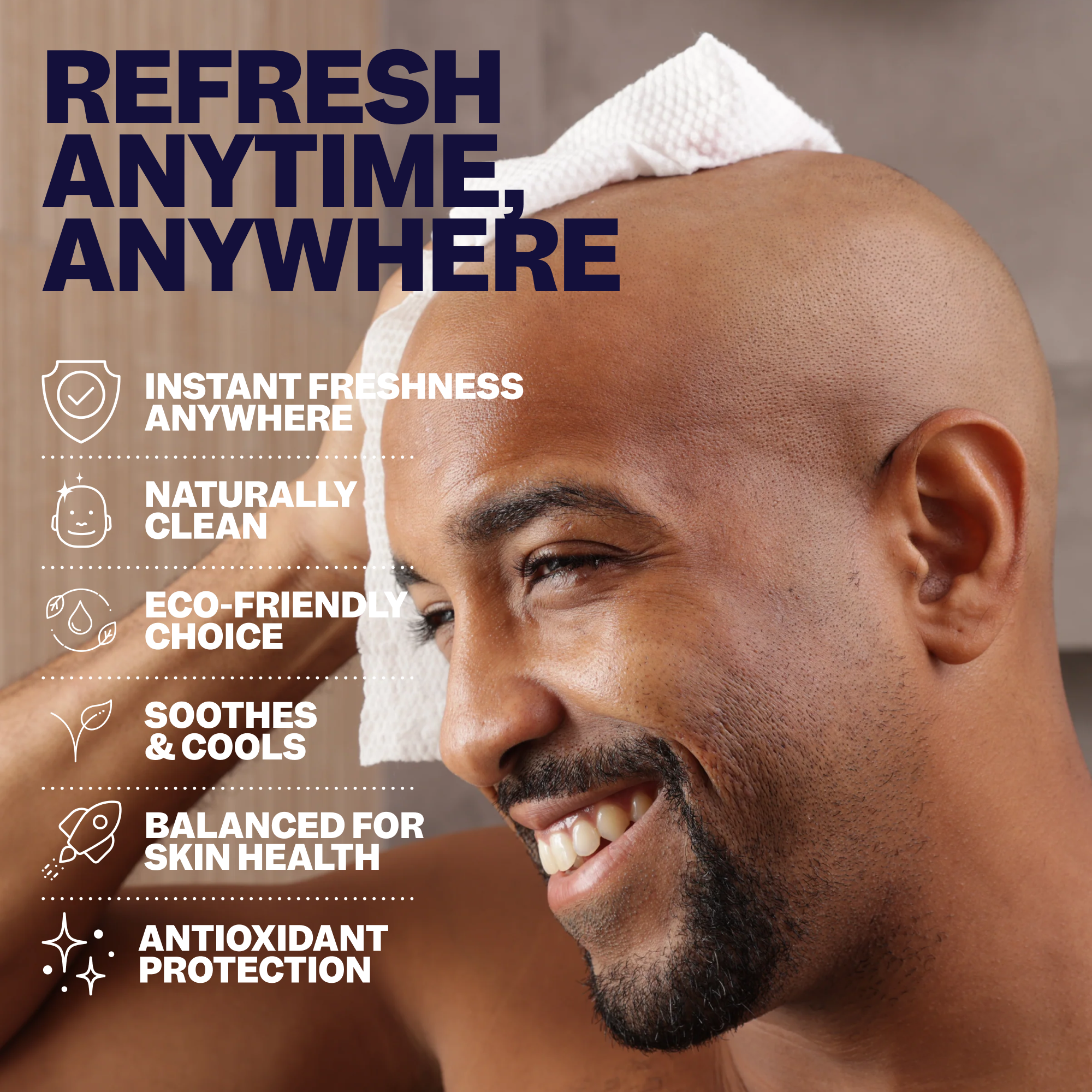 A smiling man wipes his head with Freebird Head & Body Wipes; the ad highlights product benefits like freshness and biodegradability.