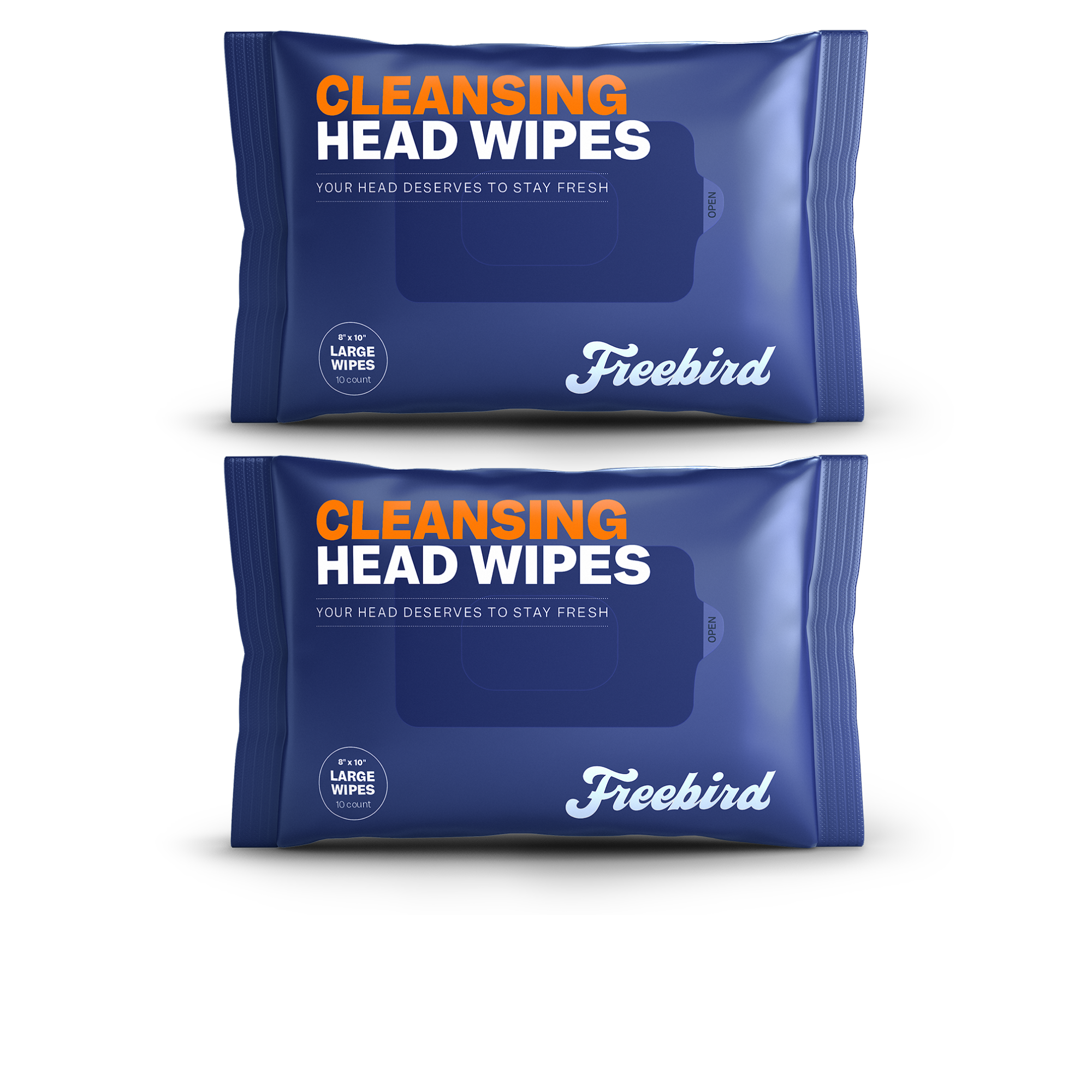 Two packs of Freebird Head & Body Wipes, blue, biodegradable, and pH-balanced, emphasize freshness.