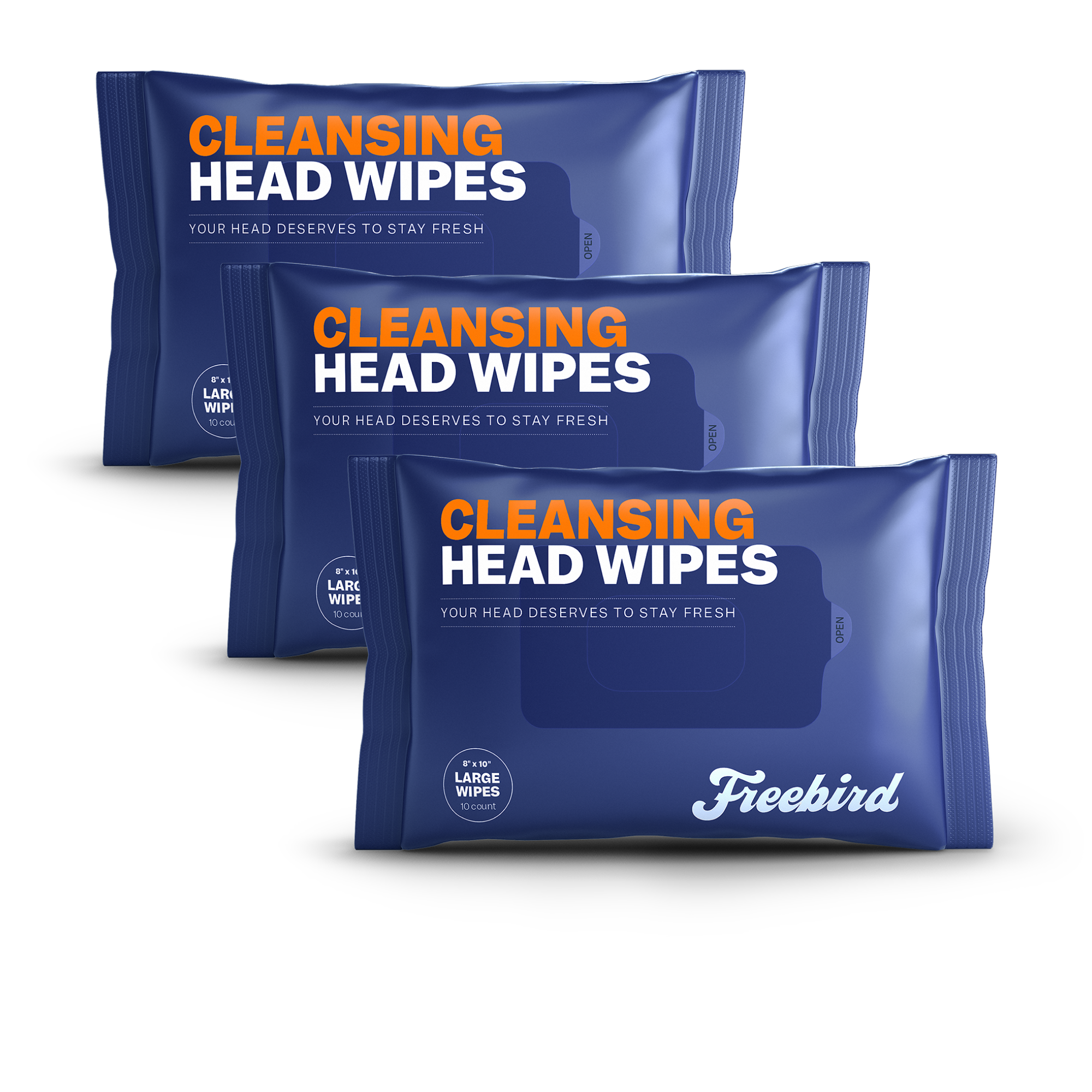 Three packs of Freebird Head & Body Wipes, biodegradable blue packs, perfect for a pH-balanced cleanse.