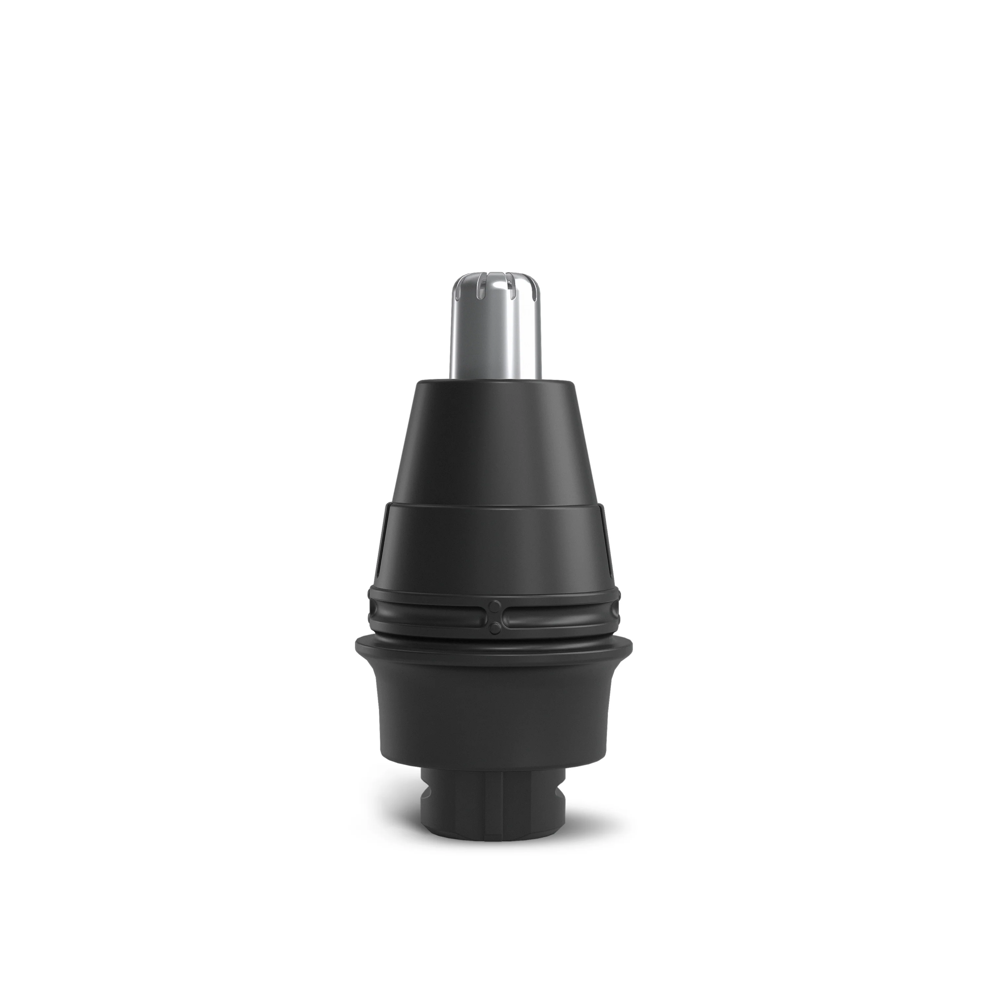 The Nose & Ear Hair Trimmer features a sleek black ergonomic design with a silver tip, crafted for precision grooming, and stands upright against a white background.