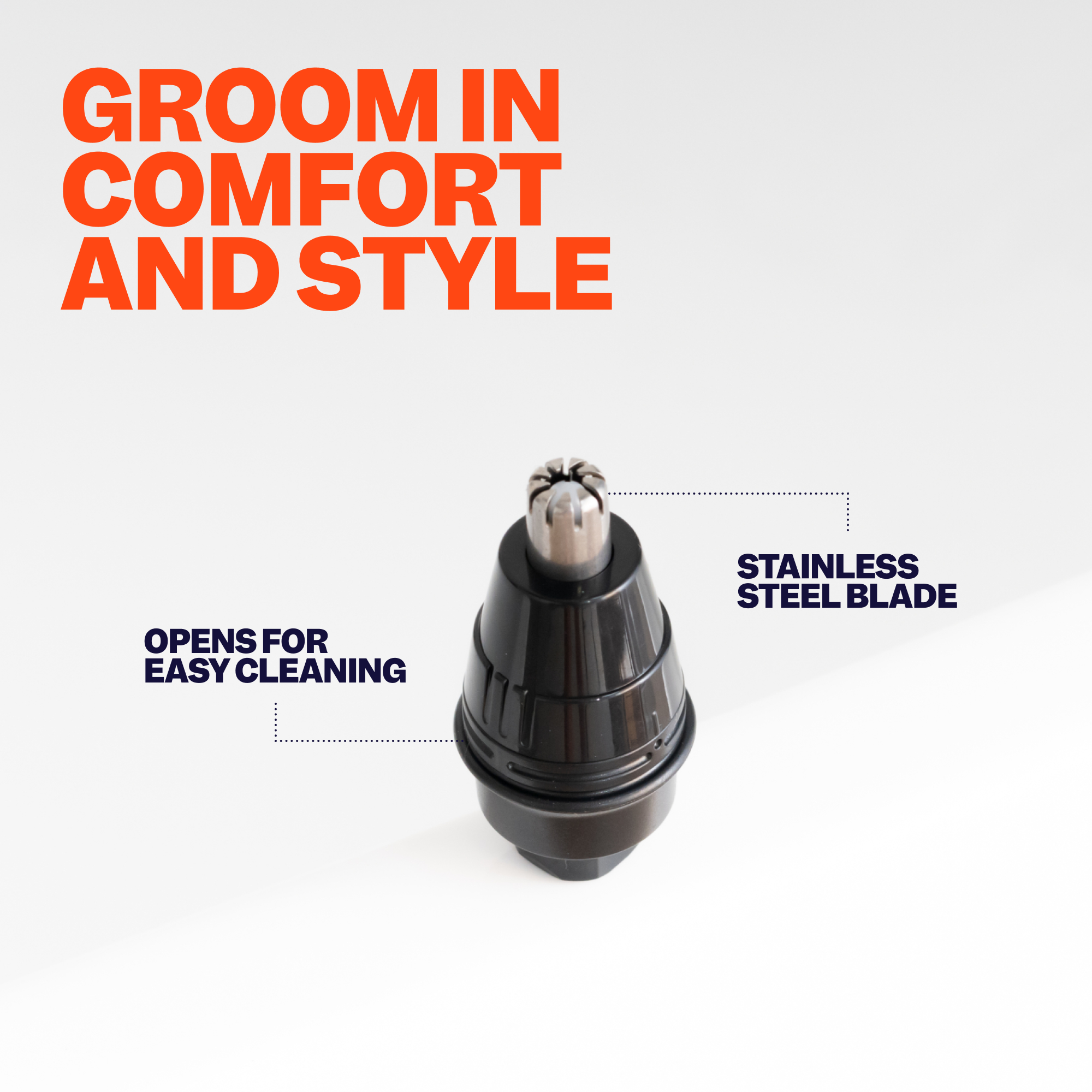 Achieve comfort and style with our Nose & Ear Hair Trimmer, equipped with a stainless steel blade for precise grooming and easy cleaning. It's perfect for effortlessly maintaining a polished appearance.