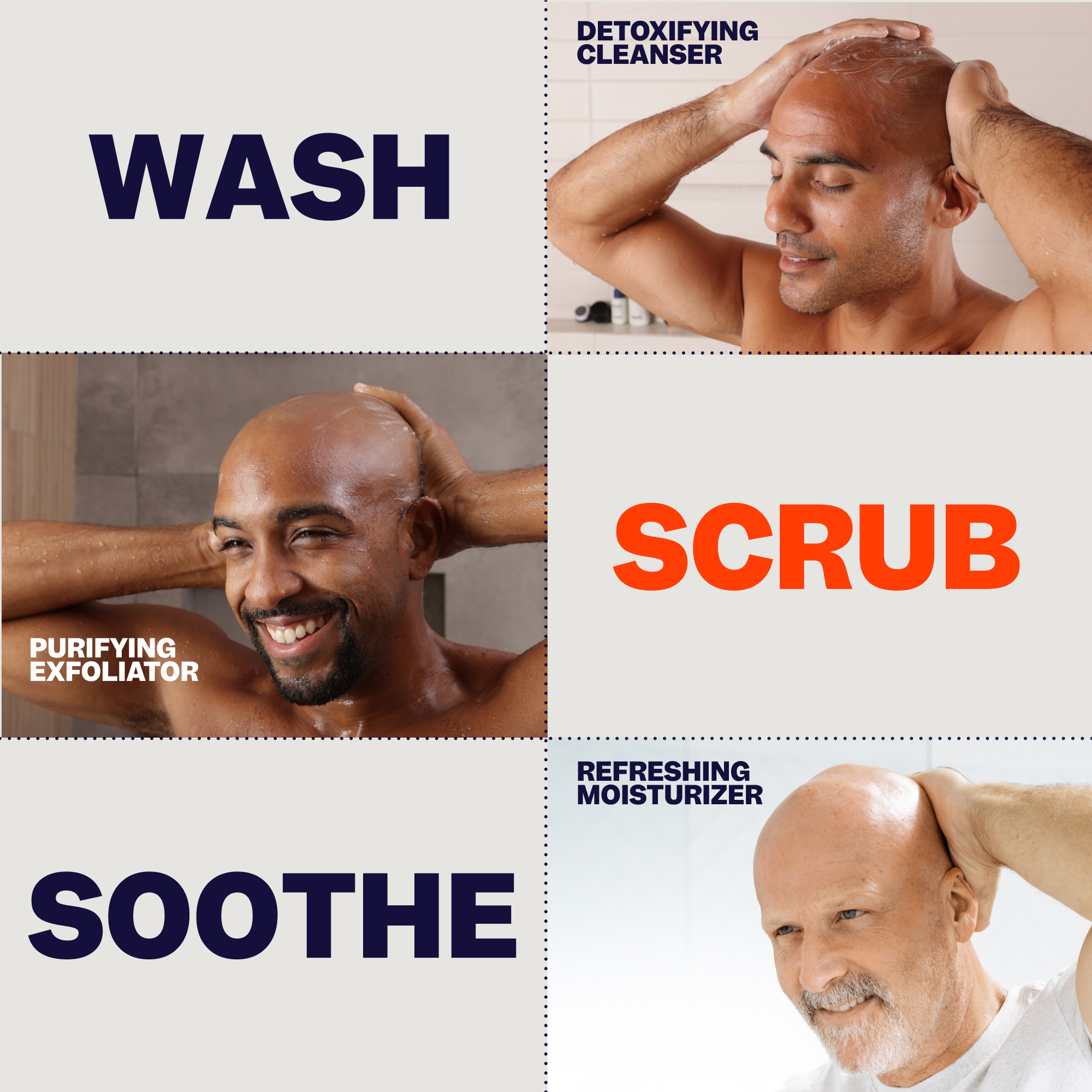 Men smiling and applying Freebird's Perfect Head Kit: detoxifying cleanser, purifying exfoliator, and refreshing moisturizer for that fresh clean feeling. It's like a modern barbershop experience right in your own bathroom.