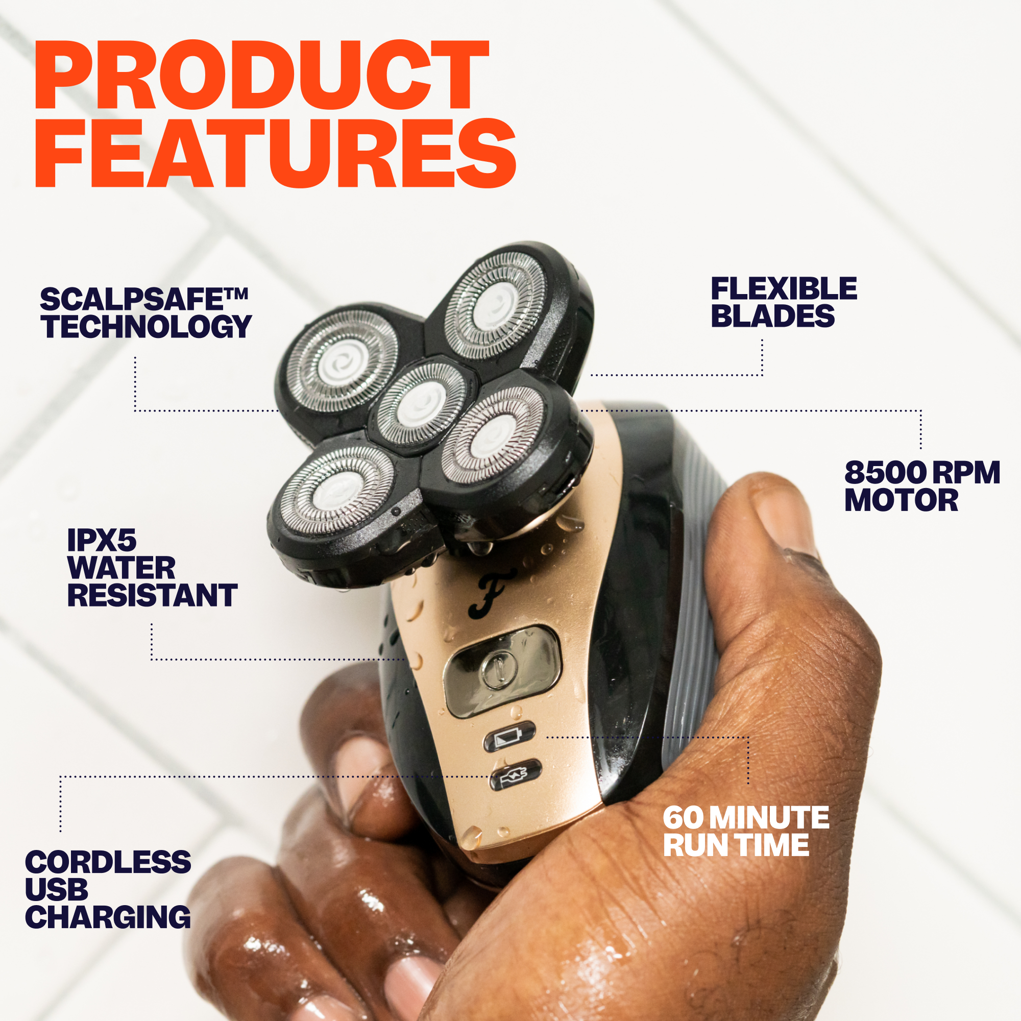 A hand holding the Perfect Head Kit by Freebird, offering a barber shop-like experience, showcases its features with flexible blades and a waterproof design for that fresh, clean feeling.