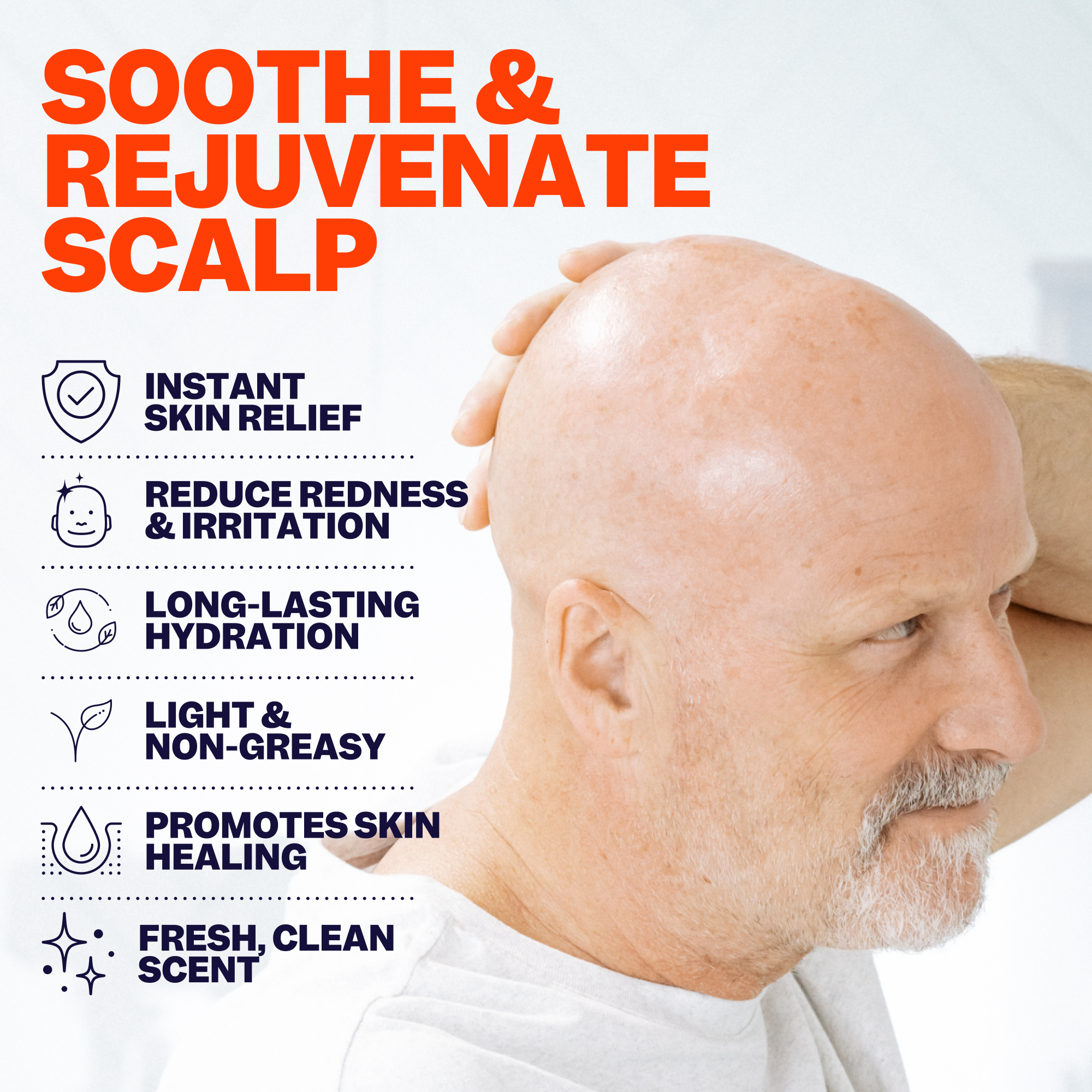 A man touches his bald head, highlighting benefits of Freebirds Hydrating Post-Shave Lotion to reduce dryness.
