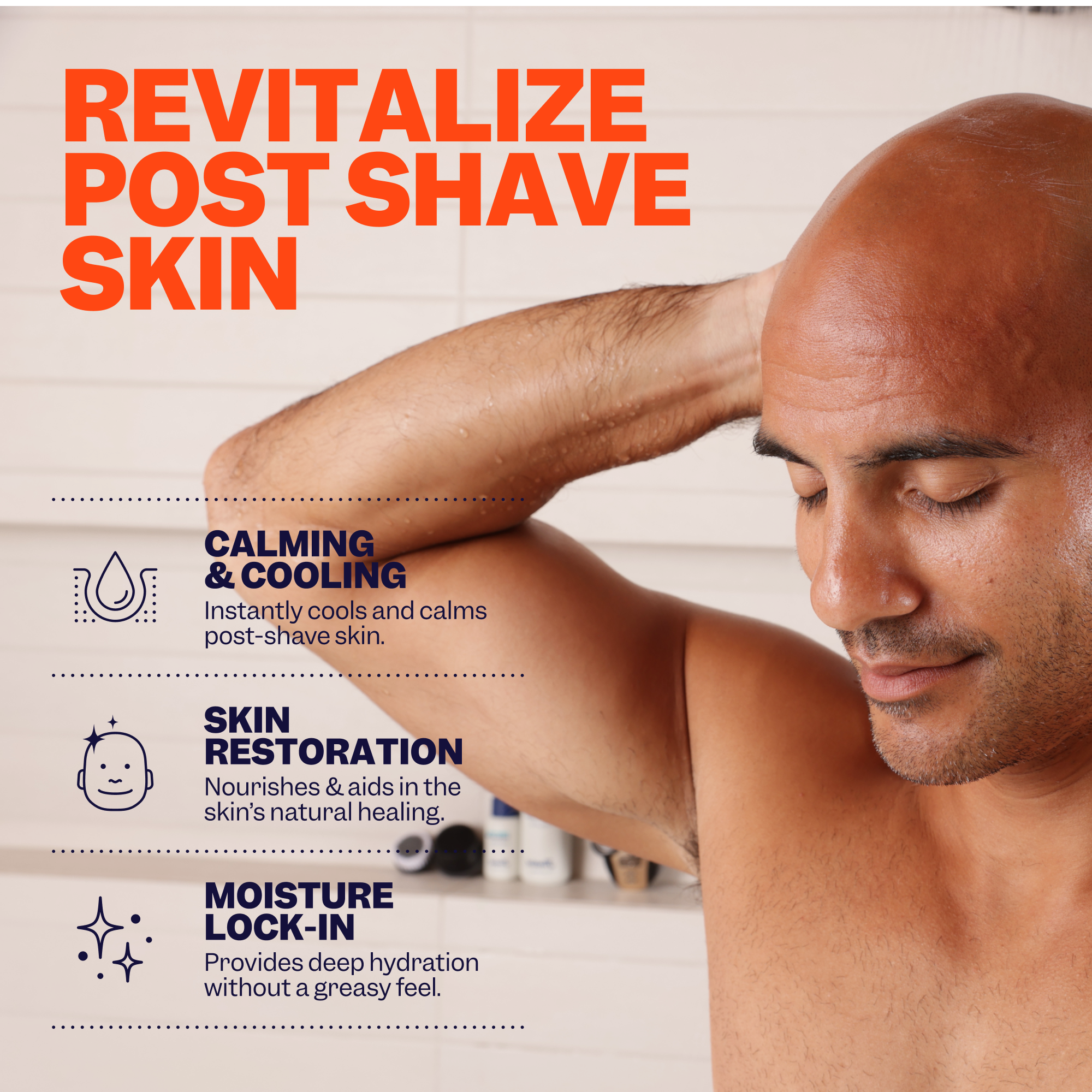 A man applies Freebirds Hydrating Post-Shave Lotion, noting its calming, hydrating benefits for rejuvenated, less dry skin.