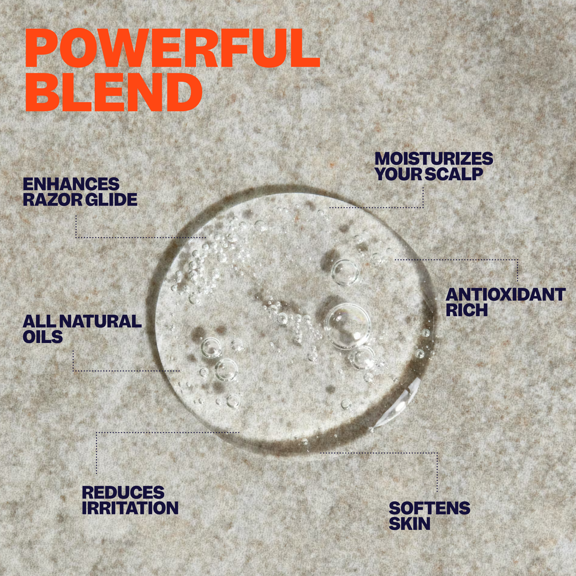 A translucent droplet of Freebird's Lubricating Pre Shave Oil rests on a textured surface, showcasing benefits such as scalp moisturization and providing all-natural oils for improved skin protection.