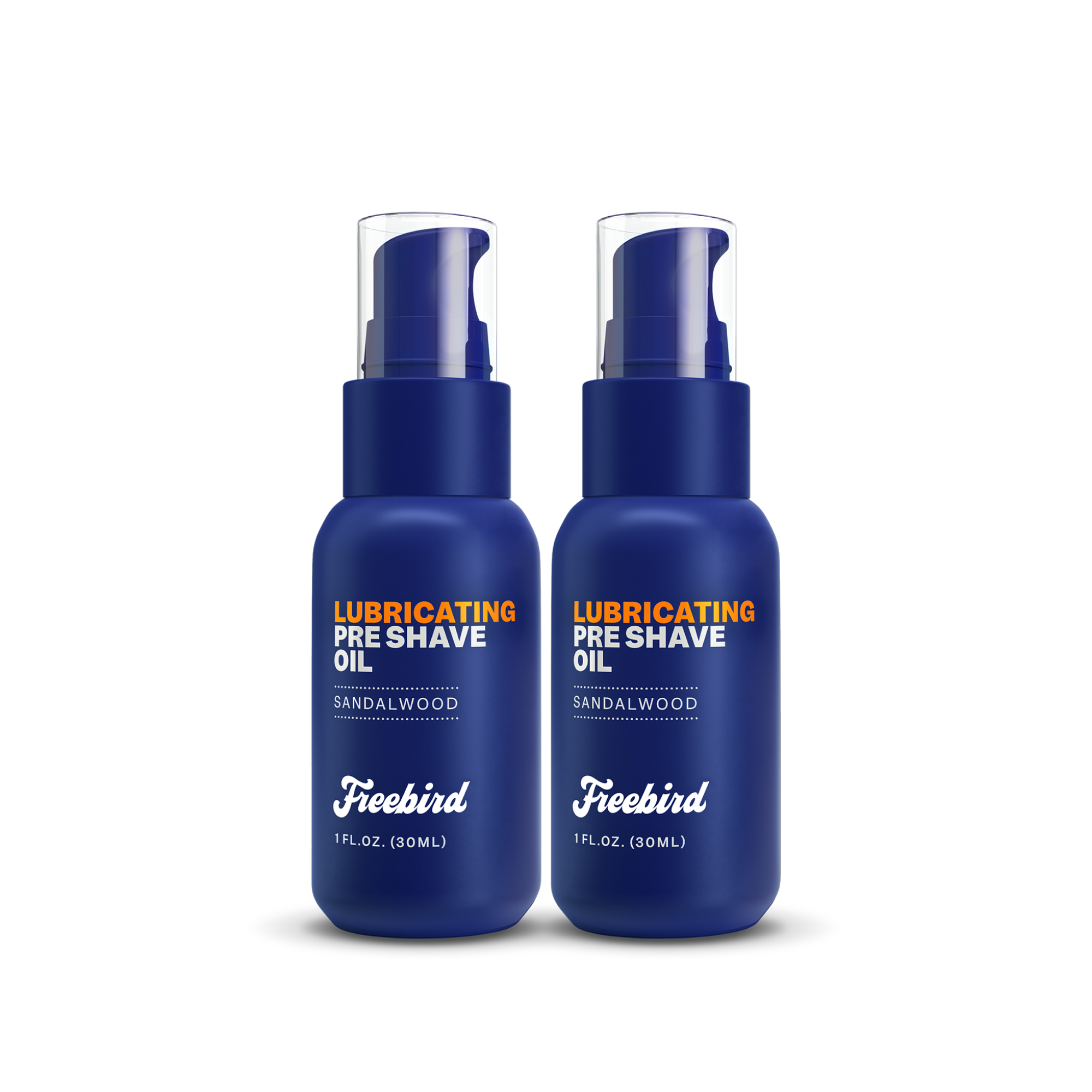 Two 1 fl. oz. bottles of Freebird Lubricating Pre Shave Oil in blue with sandalwood scent and grapeseed oil.