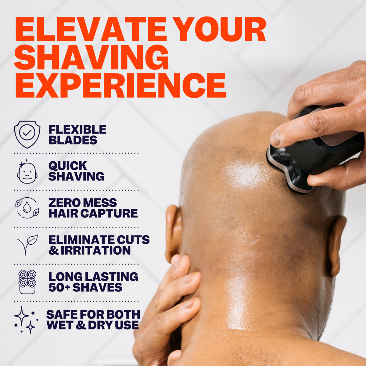A person uses the Freebird FlexSeries® Pro Blade to shave their head effortlessly; features and benefits are highlighted on the left, ensuring an ingrown-free experience and a smooth shave.
