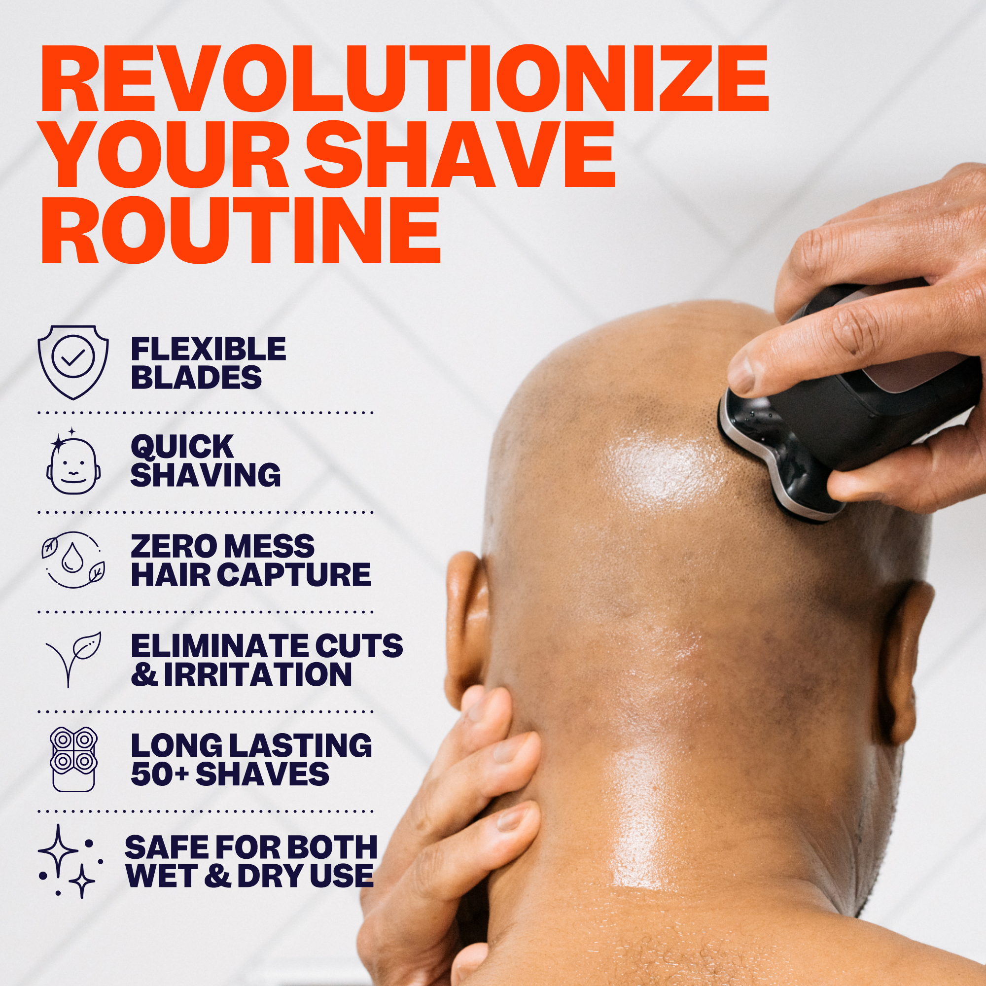 A man expertly shaves his head using the FlexSeries® Pro Blade Refill by Freebird, benefiting from its advanced design. Bold text highlights its features for a smooth, irritation-free shave.