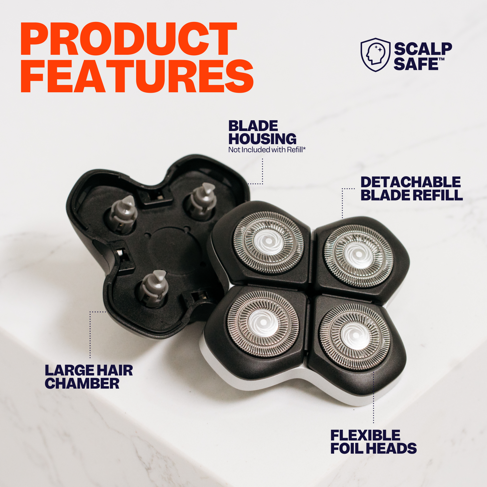 The FlexSeries® Pro Blade Refill by Freebird is an electric shaver featuring a detachable blade refill and a Four-Blade System, ensuring a smooth, irritation-free shave. It also highlights blade housing and a large hair chamber for added convenience.