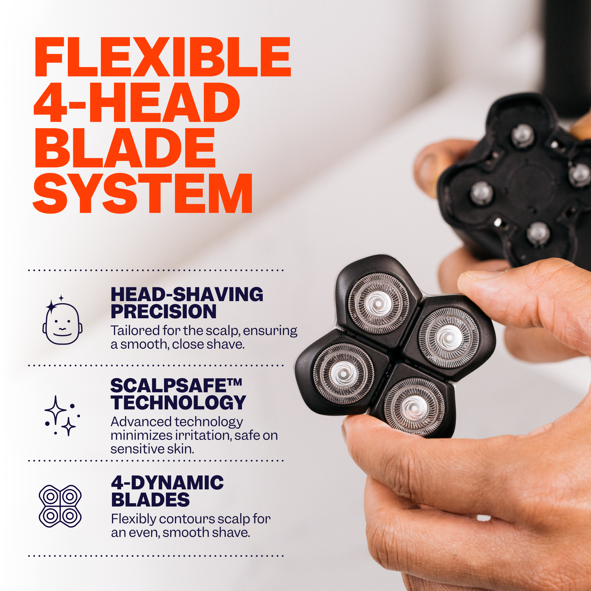 A person holding a FlexSeries® Pro Blade Refill by Freebird showcases its impressive four-blade system, promising a smooth, irritation-free shave with every stroke.