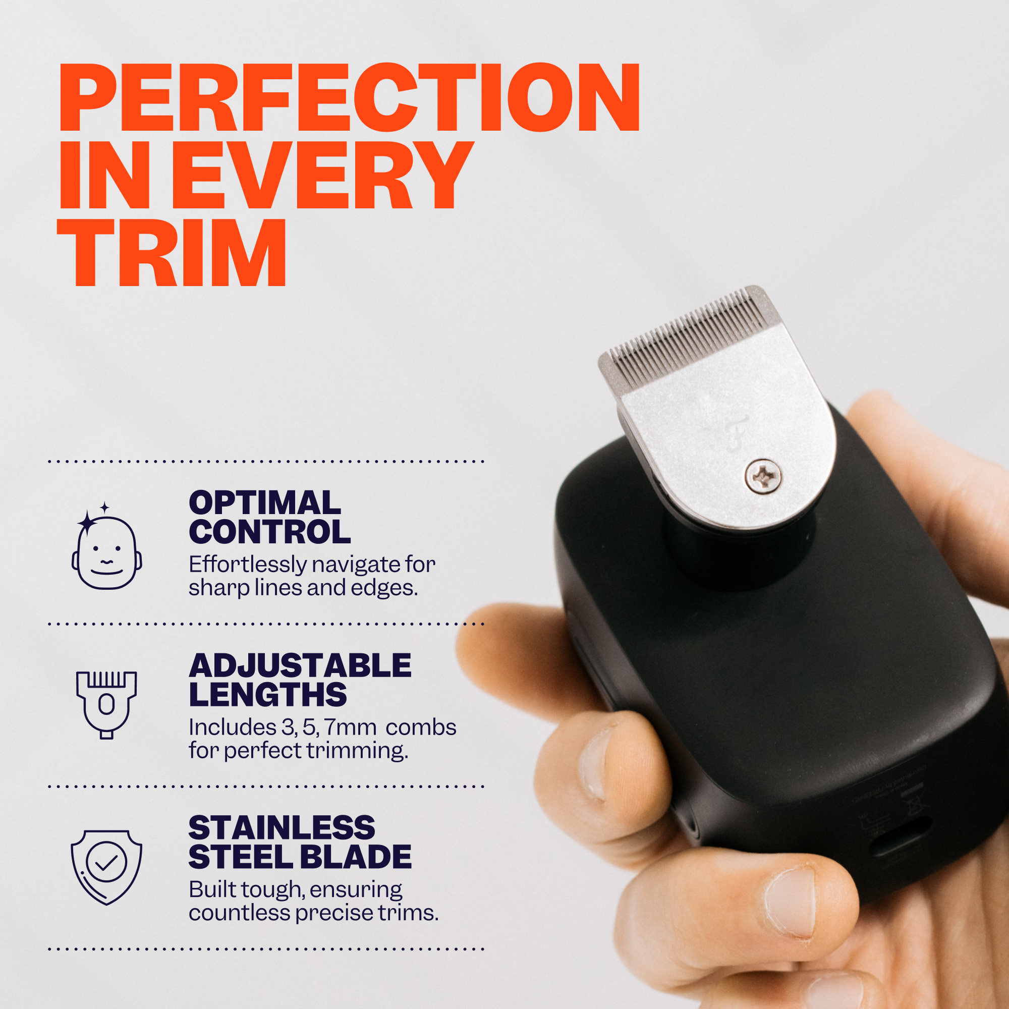 A hand holds the FlexSeries® Pro Precision Clipper & Guards from Freebird with text: Perfection in Every Trim and features listed on the left.